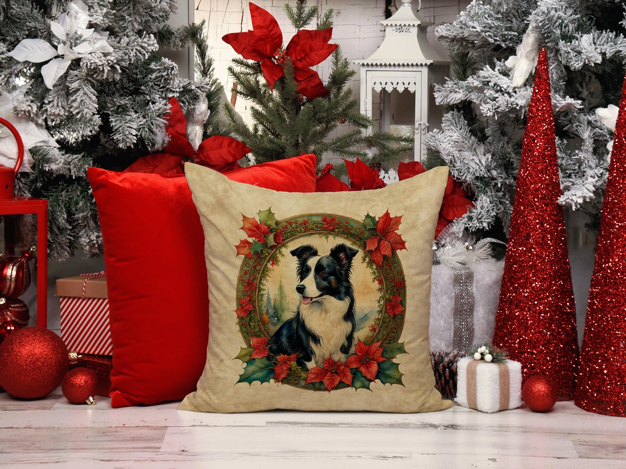 Border Collie Christmas Flowers Decorative Throw Pillow 18x18 Indoor Outdoor Accent Cushion, Fabric Cover with Insert for Sofa, Bed, Porch & Living Room