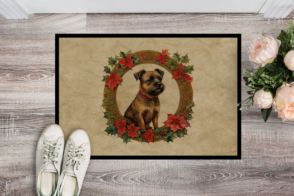 Border Terrier Christmas Flowers Doormat Indoor Outdoor 24H X 36W Front Door Mat Rugs for Entryway, Non Slip Washable Low Pile,