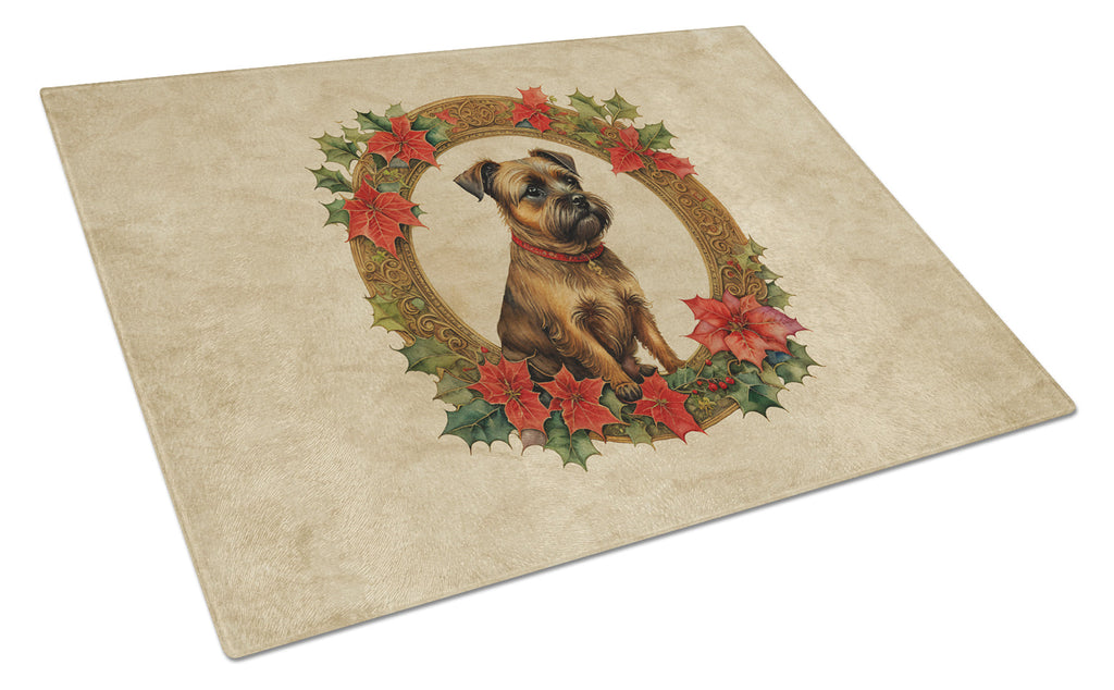 Border Terrier Christmas Flowers Cutting Board Tempered Glass Kitchen Cutting Surface, Heat Resistant Chopping, Non-Slip Feet, Food Prep & Serving