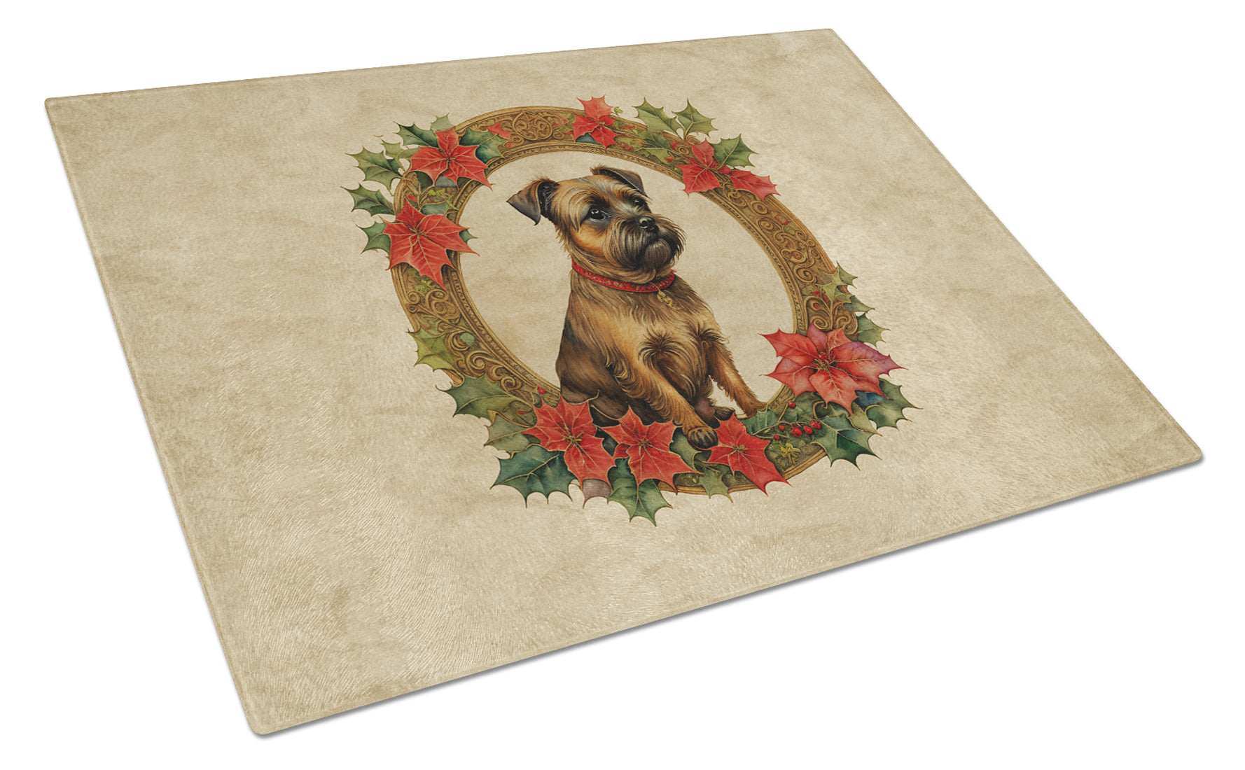 Border Terrier Christmas Flowers Cutting Board Tempered Glass Kitchen Cutting Surface, Heat Resistant Chopping, Non-Slip Feet, Food Prep & Serving
