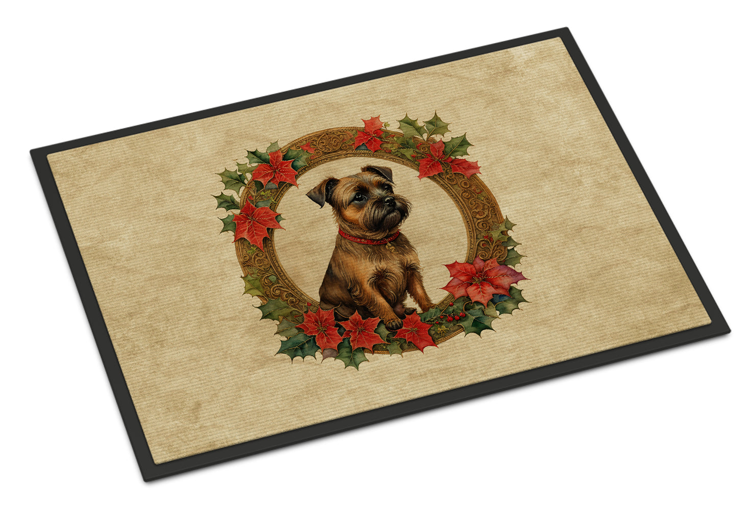 Border Terrier Christmas Flowers Doormat Indoor Outdoor 18H X 27W Front Door Mat Rugs for Entryway, Non Slip Washable