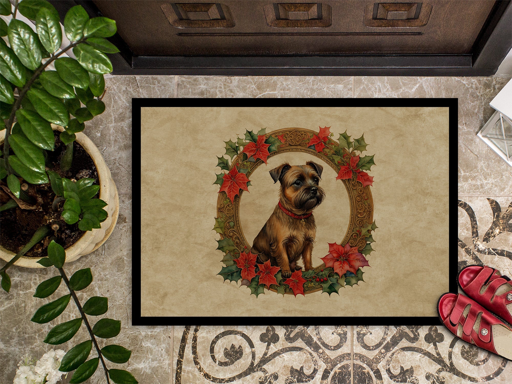 Border Terrier Christmas Flowers Doormat Indoor Outdoor 18H X 27W Front Door Mat Rugs for Entryway, Non Slip Washable