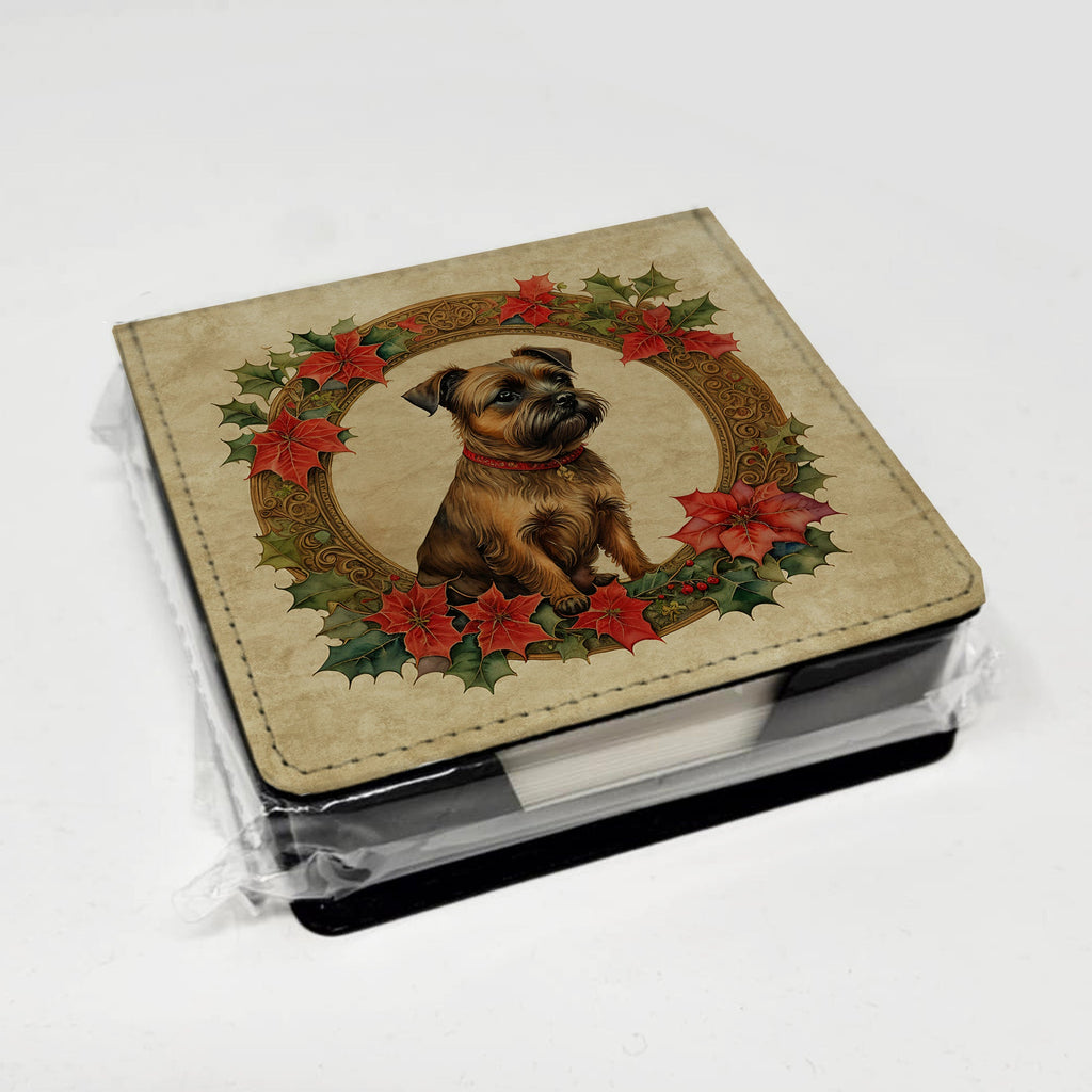 Border Terrier Christmas Flowers PU Leather Note Paper Holder with Artist-Designed Cover, Desk Accessory, Office Gift