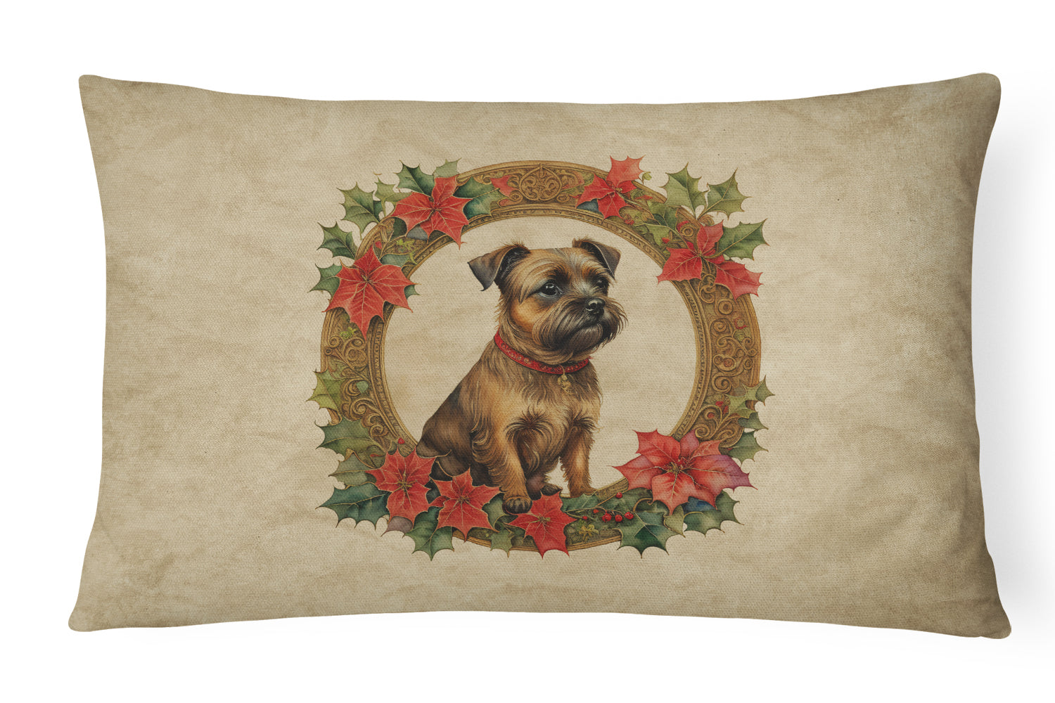 Border Terrier Christmas Flowers Decorative Throw Pillow 12x16 Indoor Outdoor Accent Cushion, Fabric Cover with Insert for Sofa, Bed, Porch & Living Room