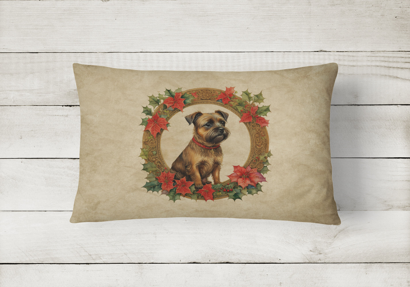 Border Terrier Christmas Flowers Decorative Throw Pillow 12x16 Indoor Outdoor Accent Cushion, Fabric Cover with Insert for Sofa, Bed, Porch & Living Room