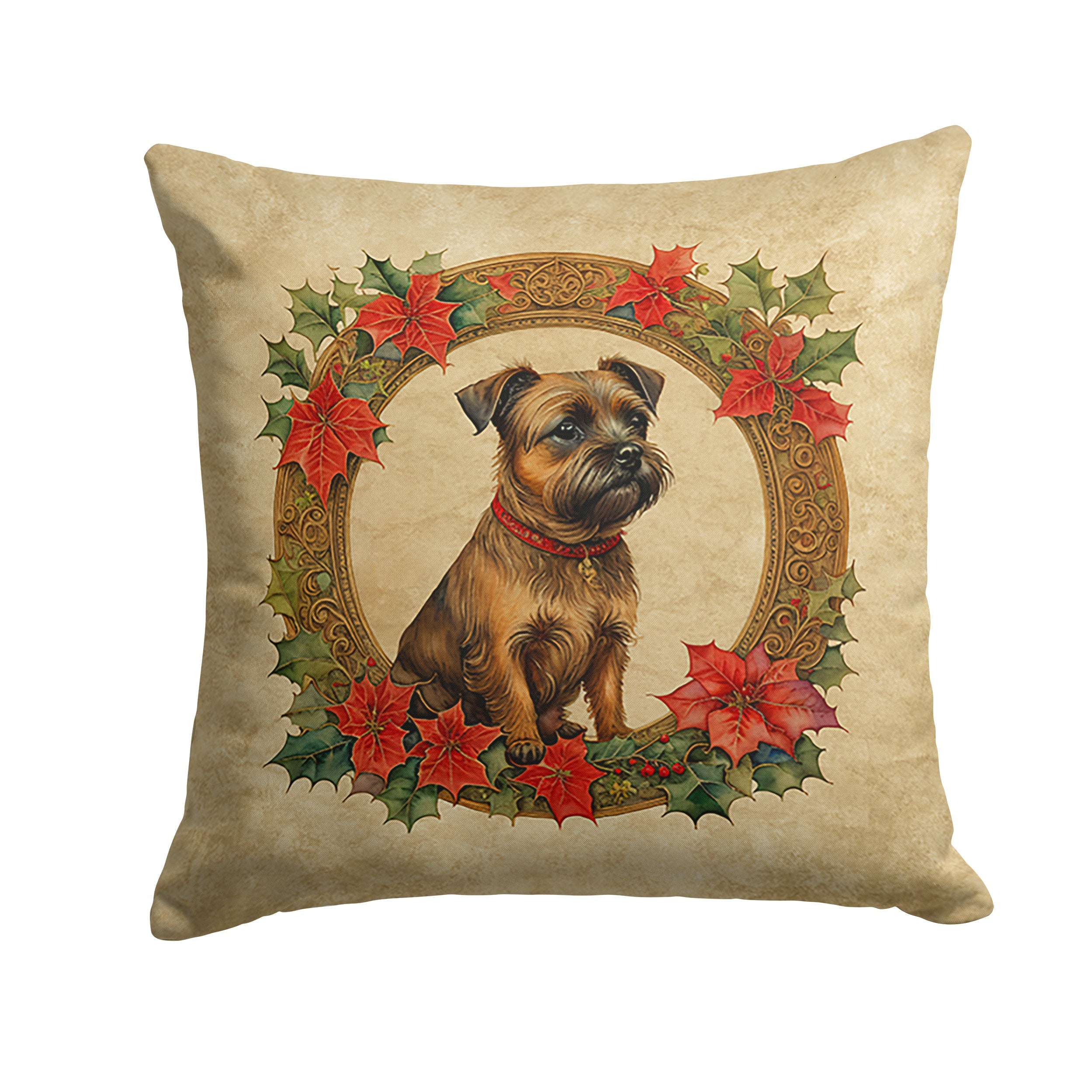 Border Terrier Christmas Flowers Decorative Throw Pillow 14x14 Indoor Outdoor Accent Cushion, Fabric Cover with Insert for Sofa, Bed, Porch & Living Room