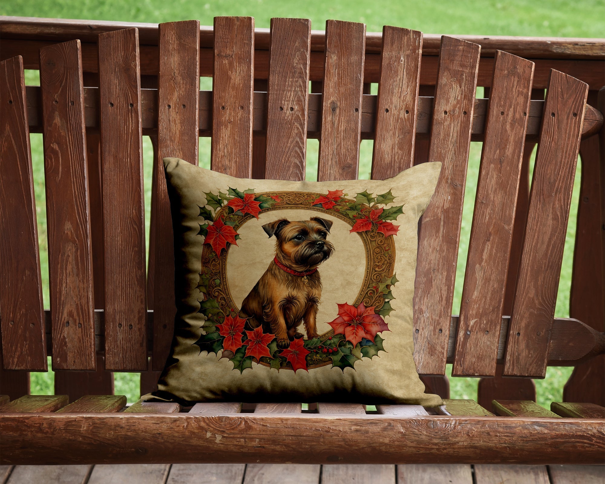 Border Terrier Christmas Flowers Decorative Throw Pillow 14x14 Indoor Outdoor Accent Cushion, Fabric Cover with Insert for Sofa, Bed, Porch & Living Room