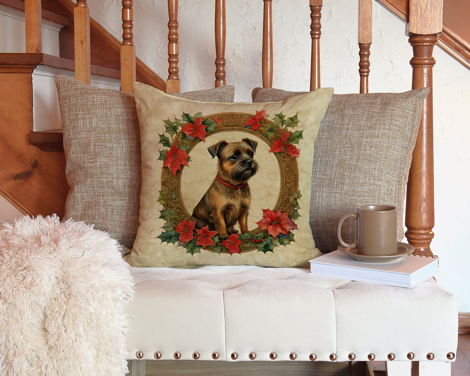 Border Terrier Christmas Flowers Decorative Throw Pillow 14x14 Indoor Outdoor Accent Cushion, Fabric Cover with Insert for Sofa, Bed, Porch & Living Room