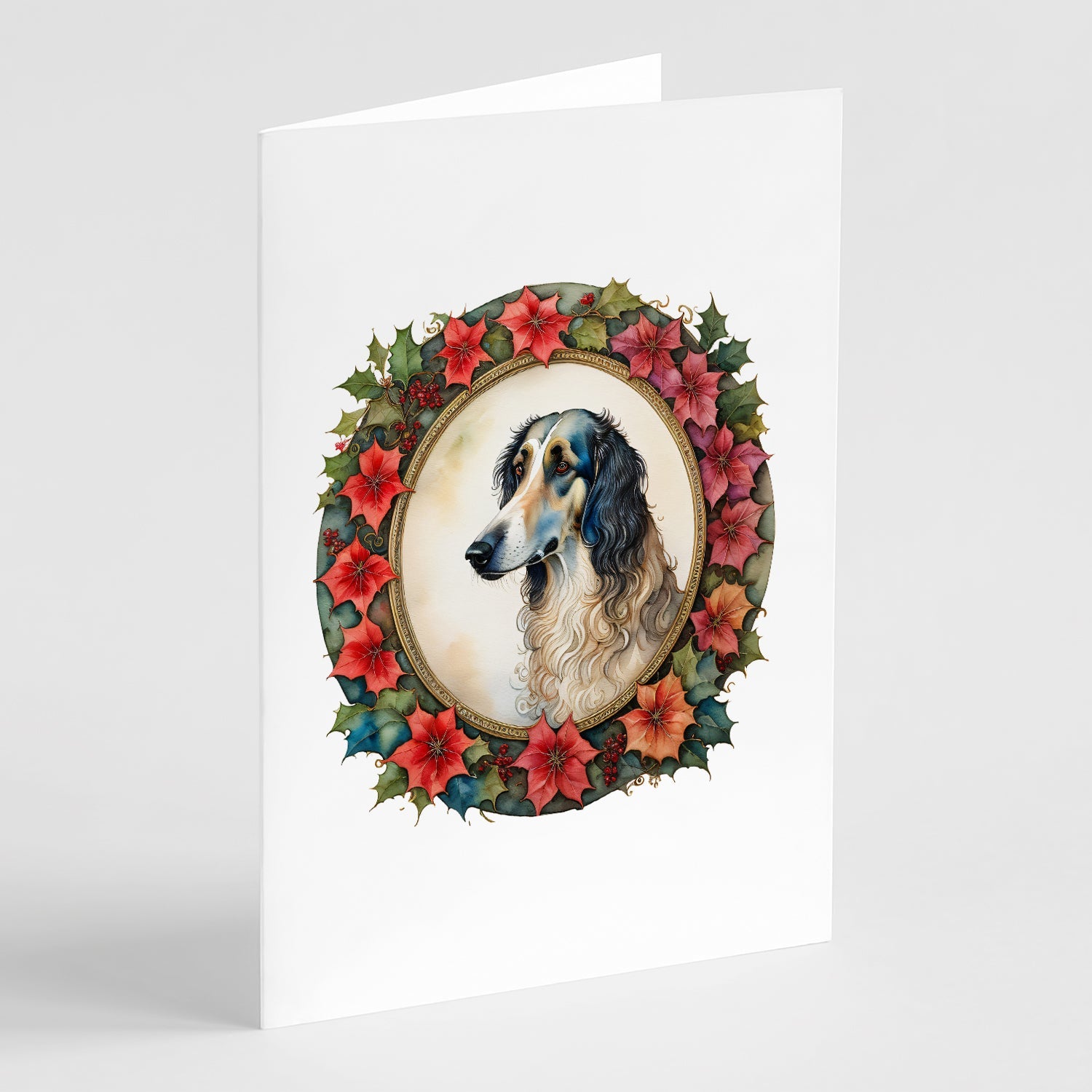 Borzoi Christmas Flowers Greeting Cards Pack of 8 Blank Cards with Envelopes Whimsical A7 Size 5x7