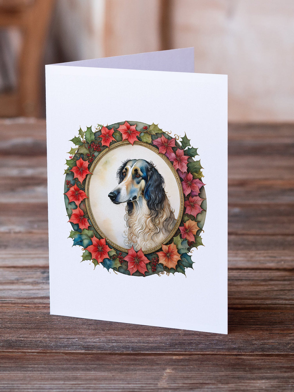 Borzoi Christmas Flowers Greeting Cards Pack of 8 Blank Cards with Envelopes Whimsical A7 Size 5x7