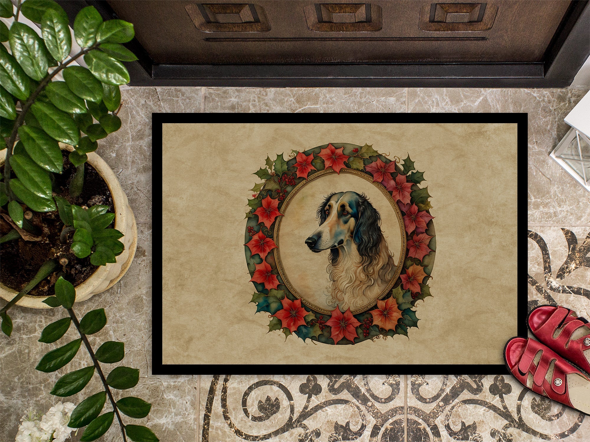 Borzoi Christmas Flowers Doormat Indoor Outdoor 24H X 36W Front Door Mat Rugs for Entryway, Non Slip Washable Low Pile,