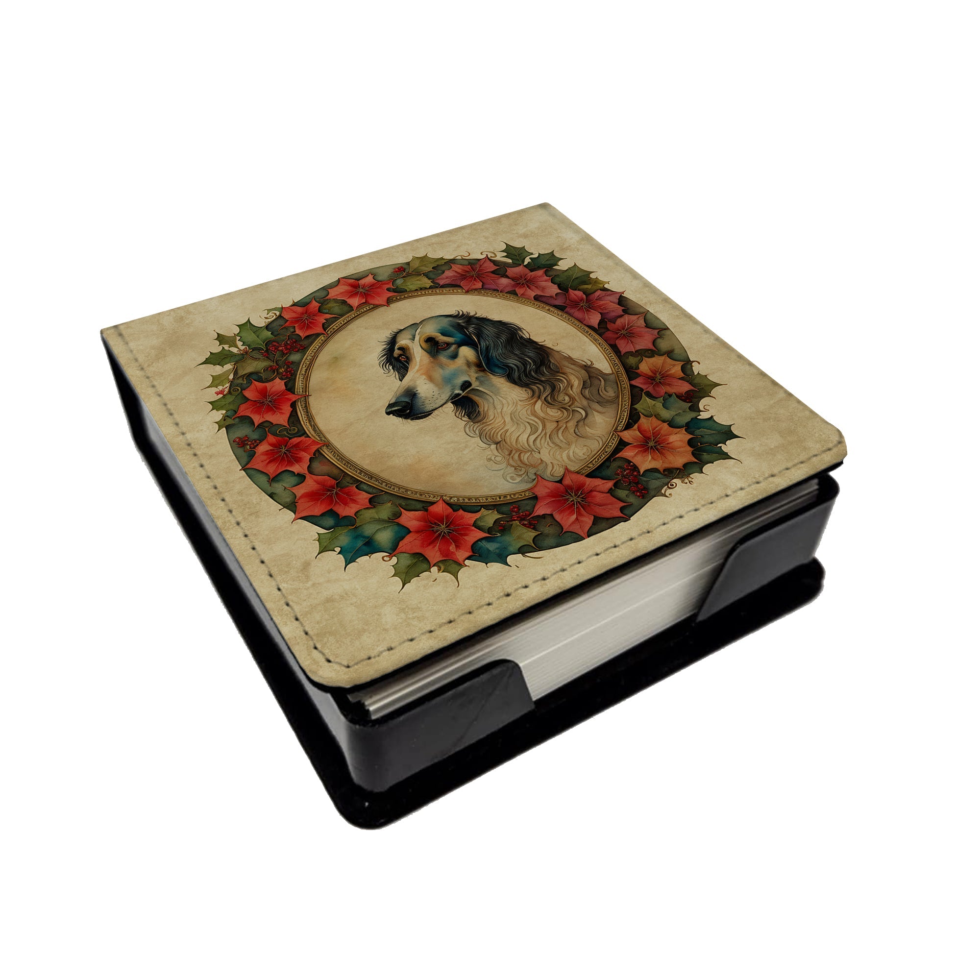 Borzoi Christmas Flowers PU Leather Note Paper Holder with Artist-Designed Cover, Desk Accessory, Office Gift