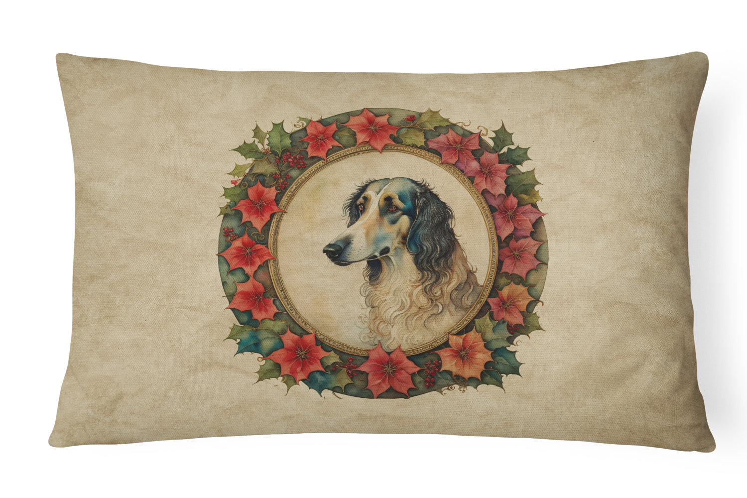 Borzoi Christmas Flowers Decorative Throw Pillow 12x16 Indoor Outdoor Accent Cushion, Fabric Cover with Insert for Sofa, Bed, Porch & Living Room