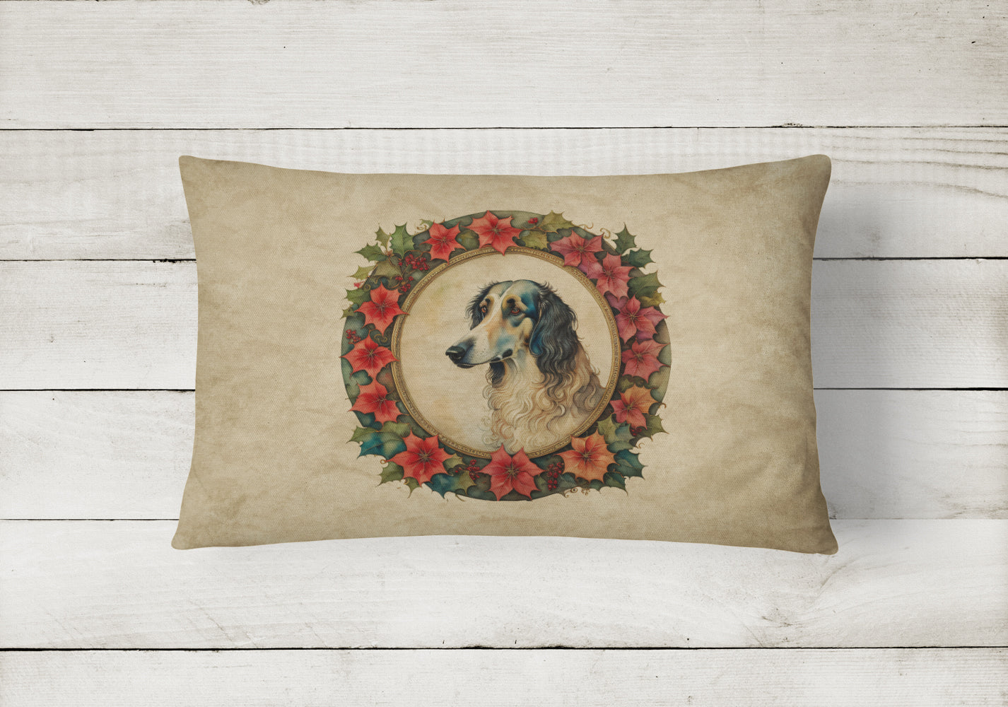 Borzoi Christmas Flowers Decorative Throw Pillow 12x16 Indoor Outdoor Accent Cushion, Fabric Cover with Insert for Sofa, Bed, Porch & Living Room