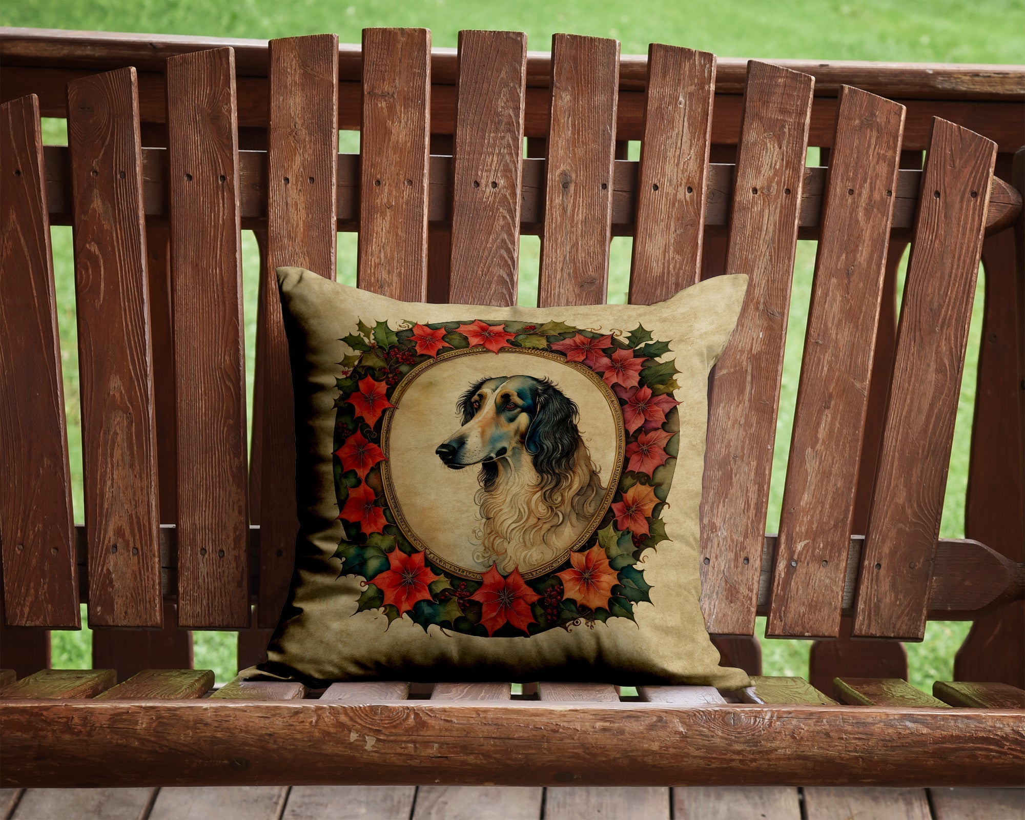 Borzoi Christmas Flowers Decorative Throw Pillow 14x14 Indoor Outdoor Accent Cushion, Fabric Cover with Insert for Sofa, Bed, Porch & Living Room