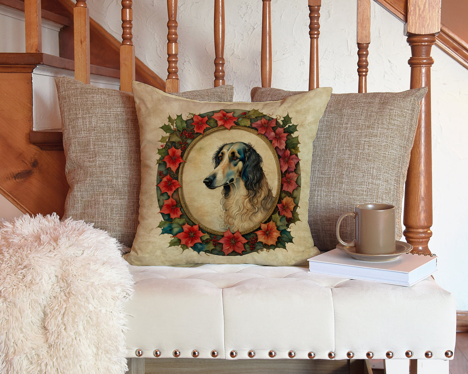 Borzoi Christmas Flowers Decorative Throw Pillow 14x14 Indoor Outdoor Accent Cushion, Fabric Cover with Insert for Sofa, Bed, Porch & Living Room