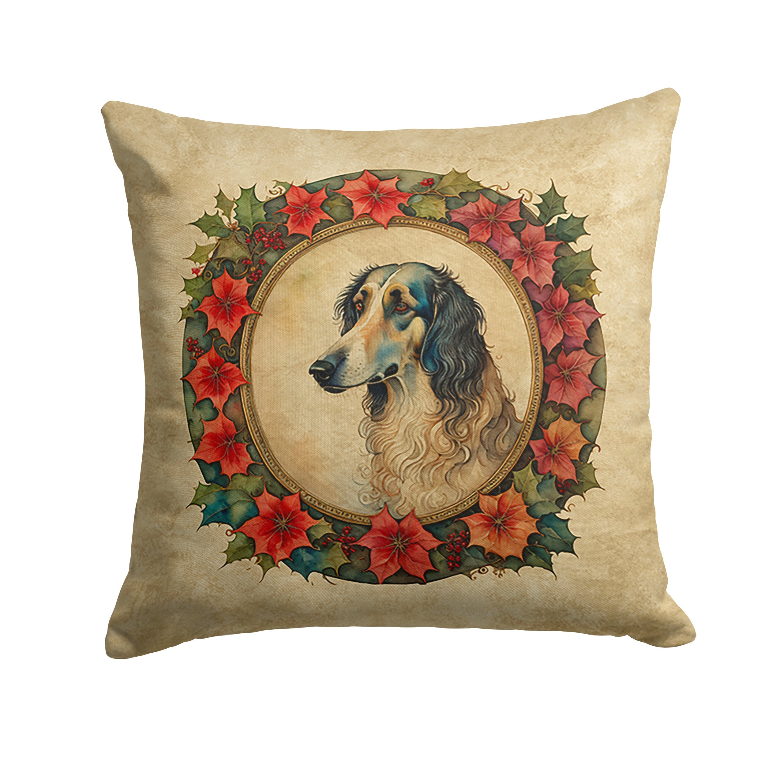 Borzoi Christmas Flowers Decorative Throw Pillow 18x18 Indoor Outdoor Accent Cushion, Fabric Cover with Insert for Sofa, Bed, Porch & Living Room
