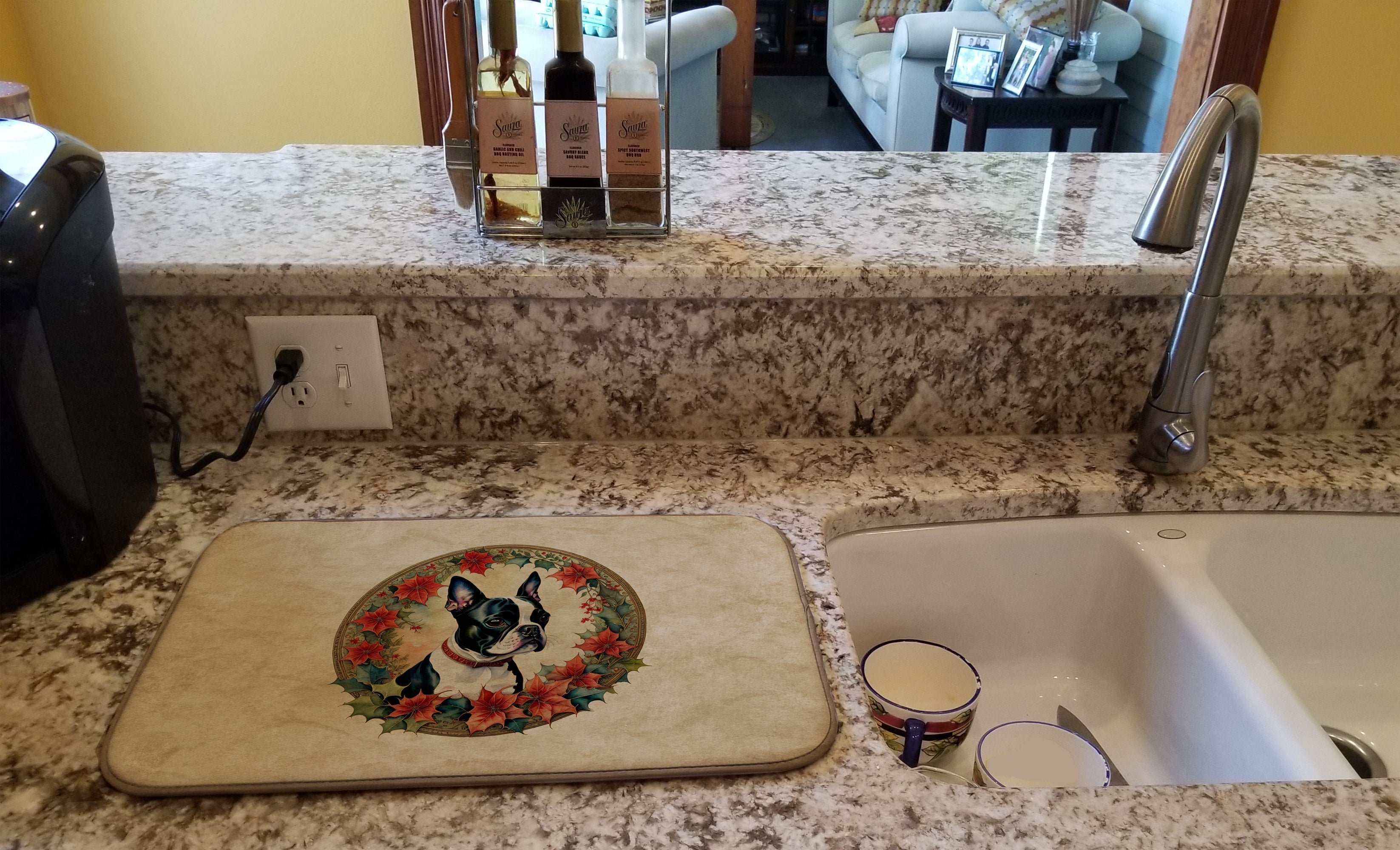 Boston Terrier Christmas Flowers Dish Drying Mat Absorbent Dish Drying Mat Pad for Kitchen Counter Dish Drainer Mat for Countertop, 14 x 21", Multicolor