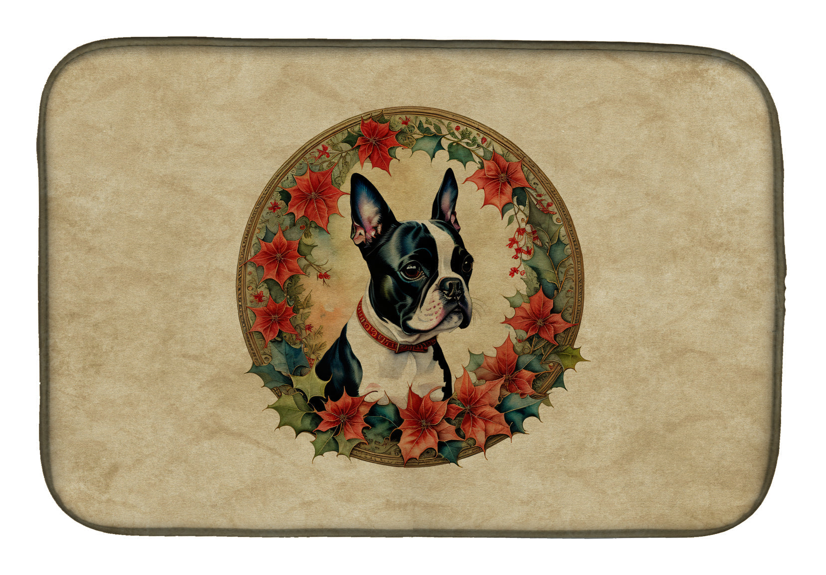 Boston Terrier Christmas Flowers Dish Drying Mat Absorbent Dish Drying Mat Pad for Kitchen Counter Dish Drainer Mat for Countertop, 14 x 21", Multicolor
