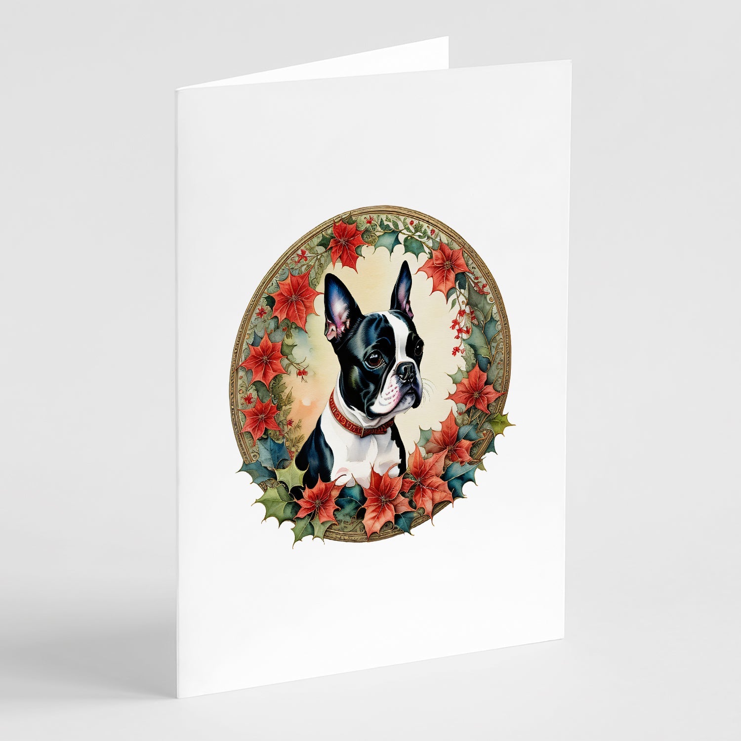 Boston Terrier Christmas Flowers Greeting Cards Pack of 8 Blank Cards with Envelopes Whimsical A7 Size 5x7