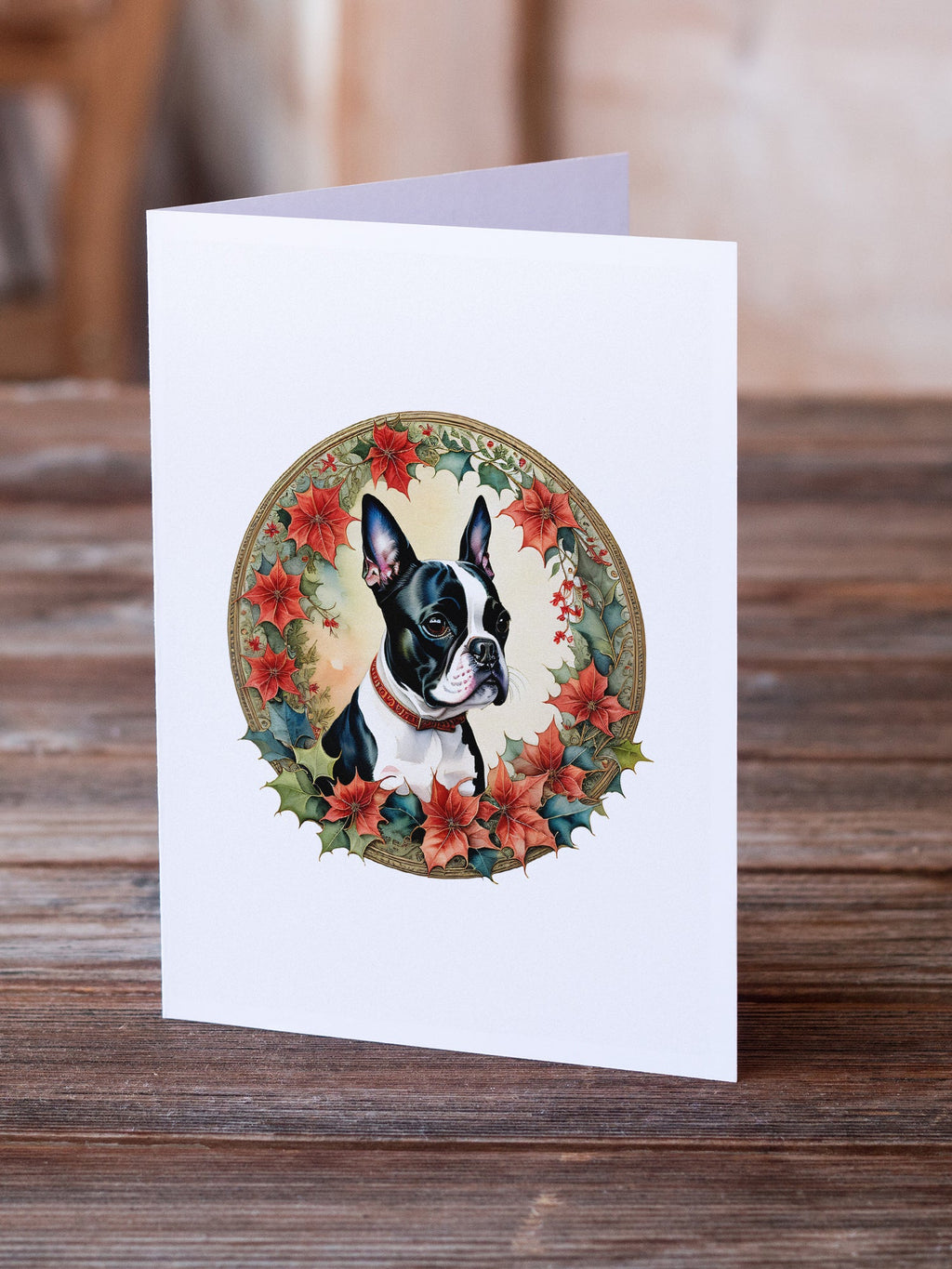 Boston Terrier Christmas Flowers Greeting Cards Pack of 8 Blank Cards with Envelopes Whimsical A7 Size 5x7