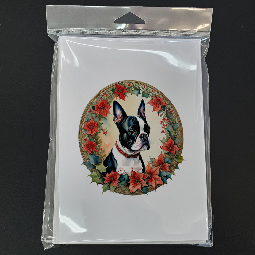 Boston Terrier Christmas Flowers Greeting Cards Pack of 8 Blank Cards with Envelopes Whimsical A7 Size 5x7