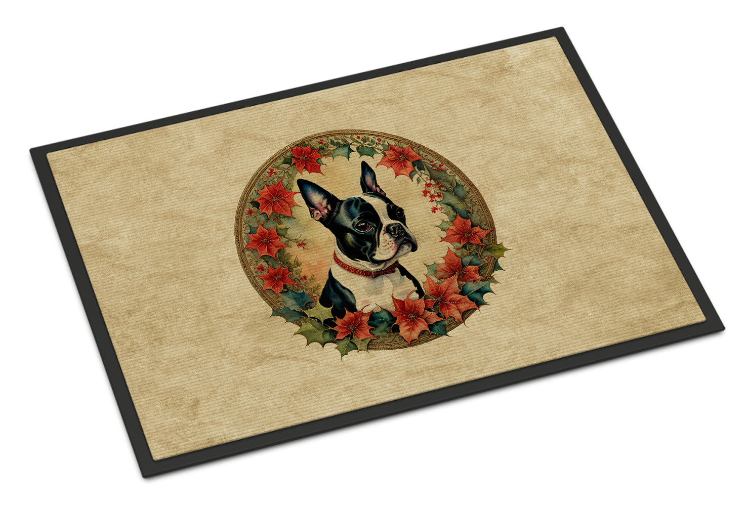 Boston Terrier Christmas Flowers Doormat Indoor Outdoor 24H X 36W Front Door Mat Rugs for Entryway, Non Slip Washable Low Pile,