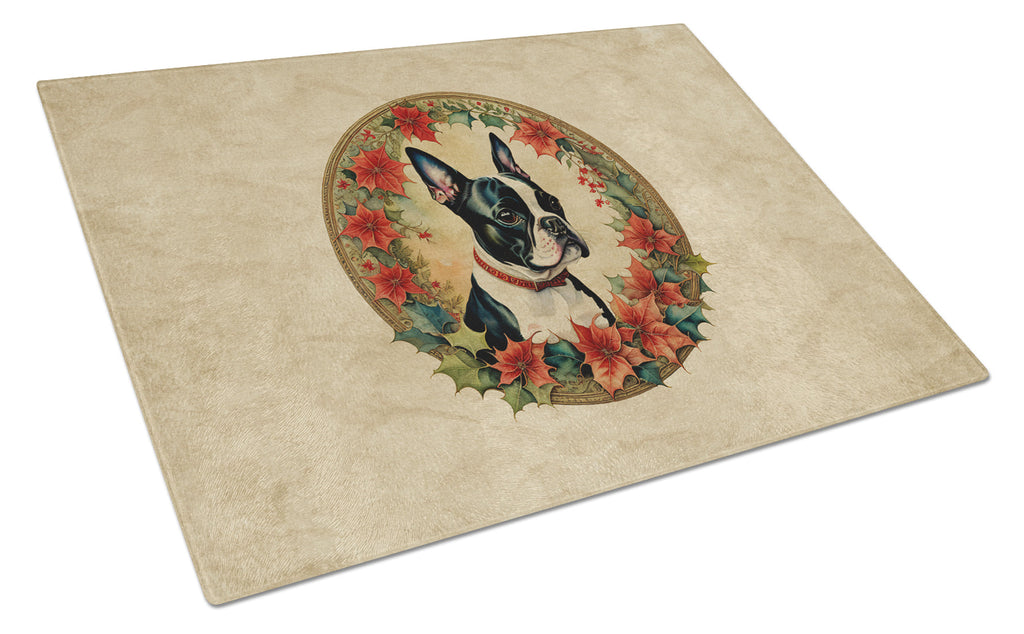 Boston Terrier Christmas Flowers Cutting Board Tempered Glass Kitchen Cutting Surface, Heat Resistant Chopping, Non-Slip Feet, Food Prep & Serving