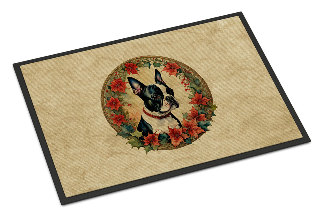 Boston Terrier Christmas Flowers Doormat Indoor Outdoor 18H X 27W Front Door Mat Rugs for Entryway, Non Slip Washable