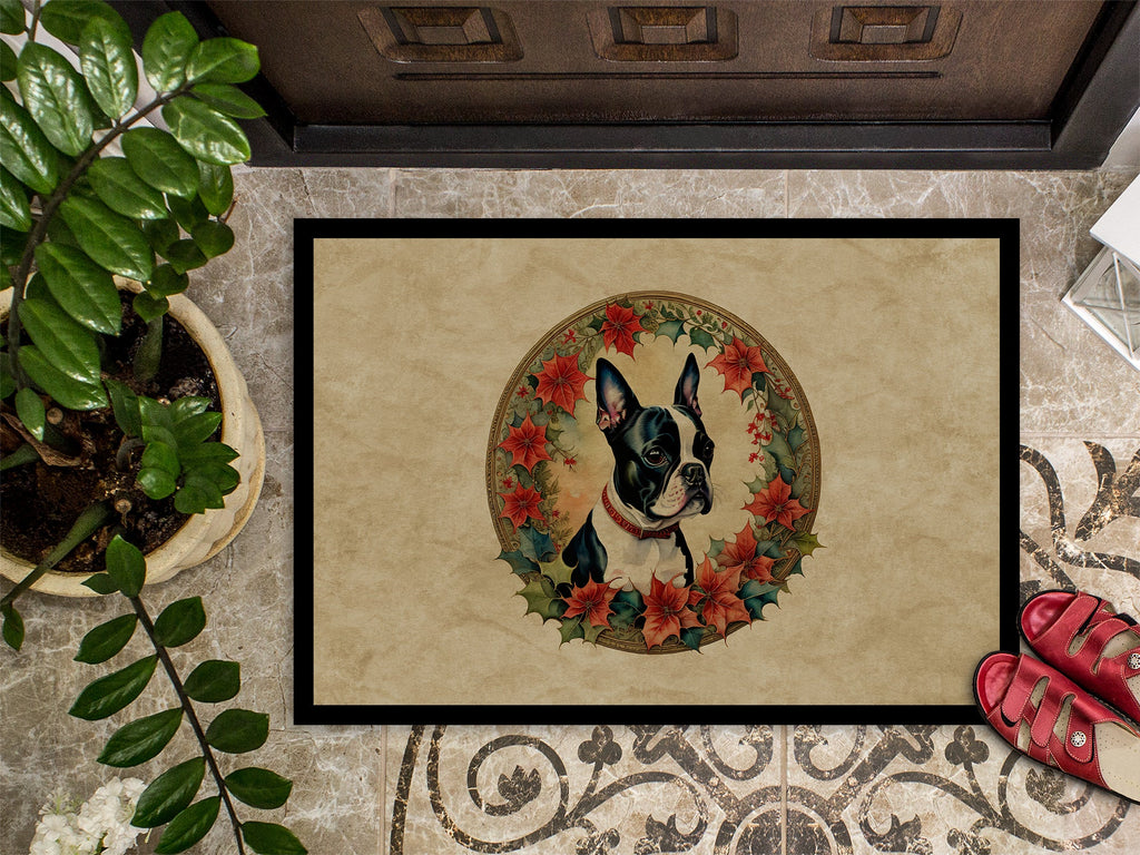 Boston Terrier Christmas Flowers Doormat Indoor Outdoor 18H X 27W Front Door Mat Rugs for Entryway, Non Slip Washable
