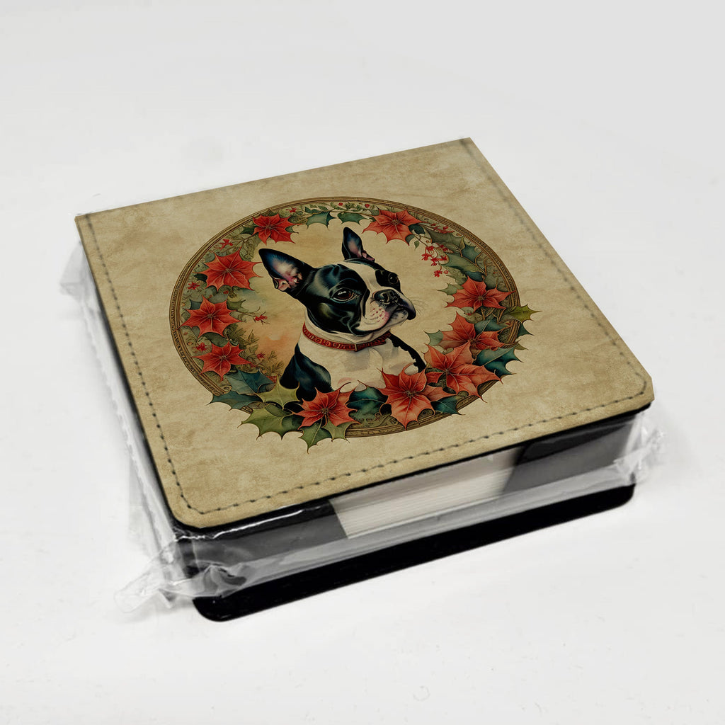 Boston Terrier Christmas Flowers PU Leather Note Paper Holder with Artist-Designed Cover, Desk Accessory, Office Gift