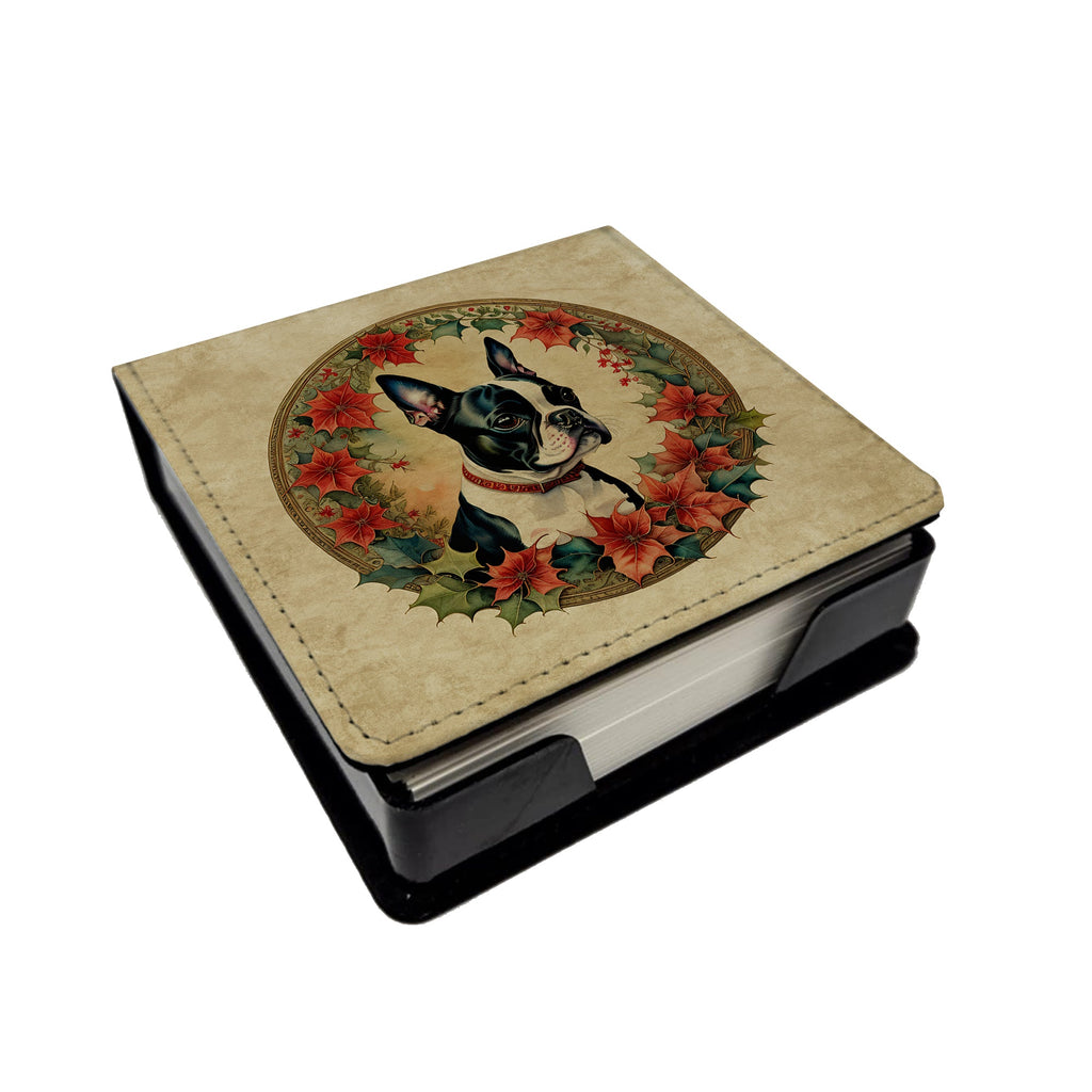 Boston Terrier Christmas Flowers PU Leather Note Paper Holder with Artist-Designed Cover, Desk Accessory, Office Gift