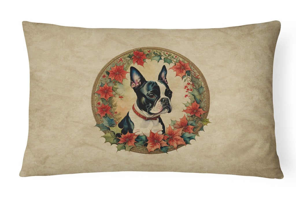 Boston Terrier Christmas Flowers Decorative Throw Pillow 12x16 Indoor Outdoor Accent Cushion, Fabric Cover with Insert for Sofa, Bed, Porch & Living Room