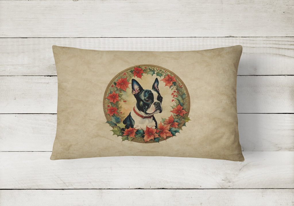 Boston Terrier Christmas Flowers Decorative Throw Pillow 12x16 Indoor Outdoor Accent Cushion, Fabric Cover with Insert for Sofa, Bed, Porch & Living Room
