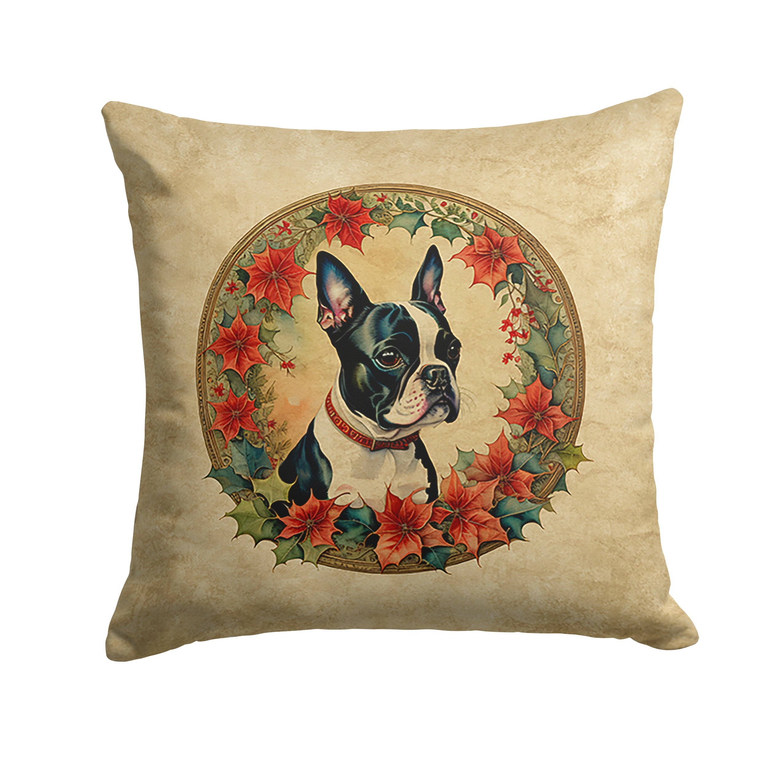 Boston Terrier Christmas Flowers Decorative Throw Pillow 14x14 Indoor Outdoor Accent Cushion, Fabric Cover with Insert for Sofa, Bed, Porch & Living Room