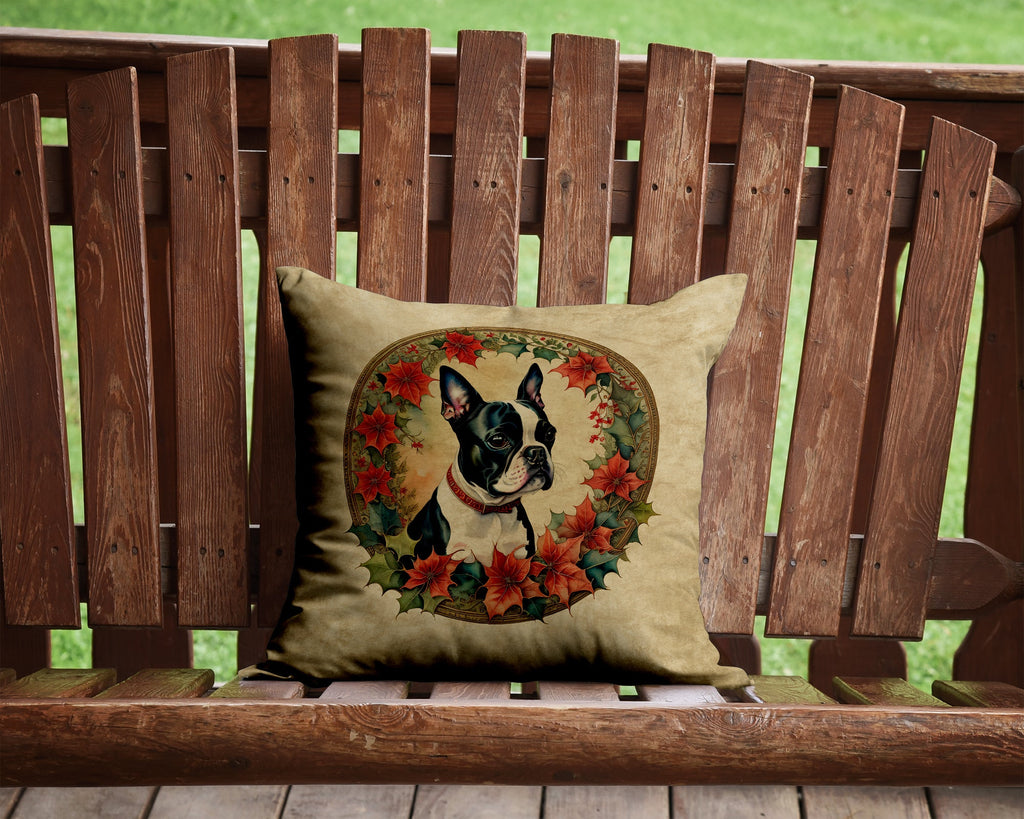 Boston Terrier Christmas Flowers Decorative Throw Pillow 14x14 Indoor Outdoor Accent Cushion, Fabric Cover with Insert for Sofa, Bed, Porch & Living Room