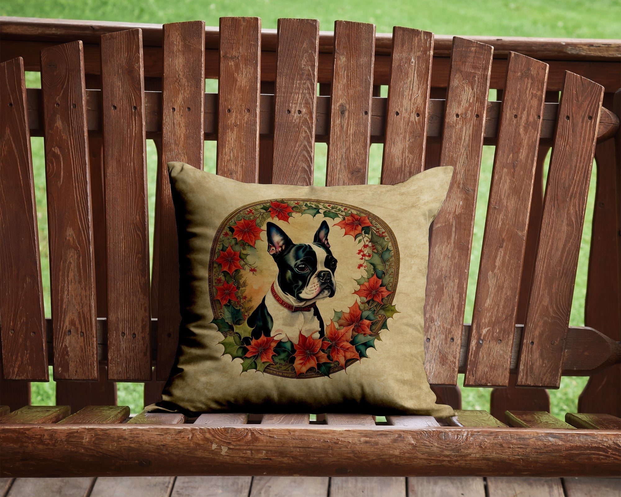 Boston Terrier Christmas Flowers Decorative Throw Pillow 14x14 Indoor Outdoor Accent Cushion, Fabric Cover with Insert for Sofa, Bed, Porch & Living Room