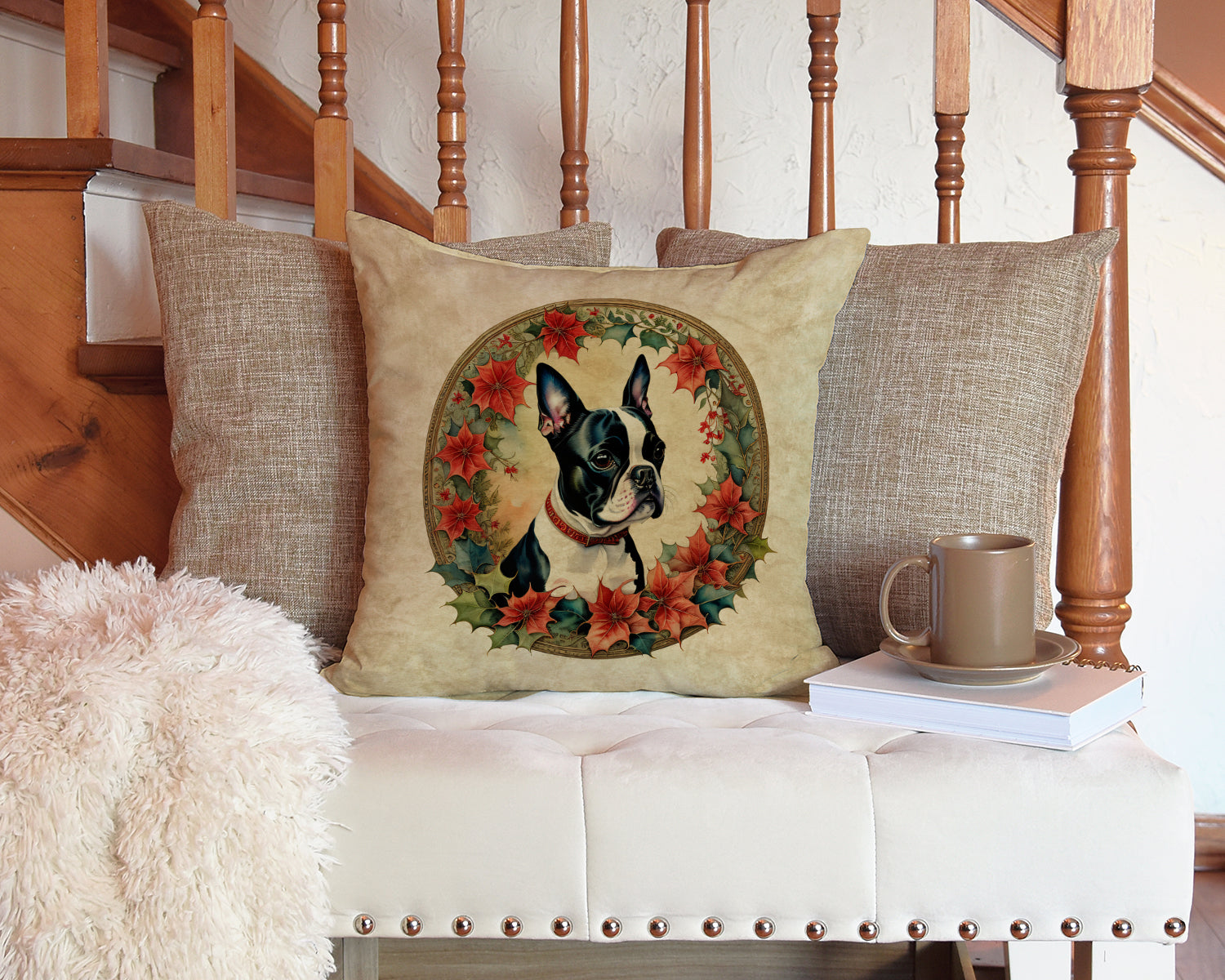 Boston Terrier Christmas Flowers Decorative Throw Pillow 14x14 Indoor Outdoor Accent Cushion, Fabric Cover with Insert for Sofa, Bed, Porch & Living Room