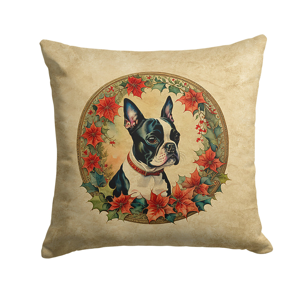 Boston Terrier Christmas Flowers Decorative Throw Pillow 18x18 Indoor Outdoor Accent Cushion, Fabric Cover with Insert for Sofa, Bed, Porch & Living Room