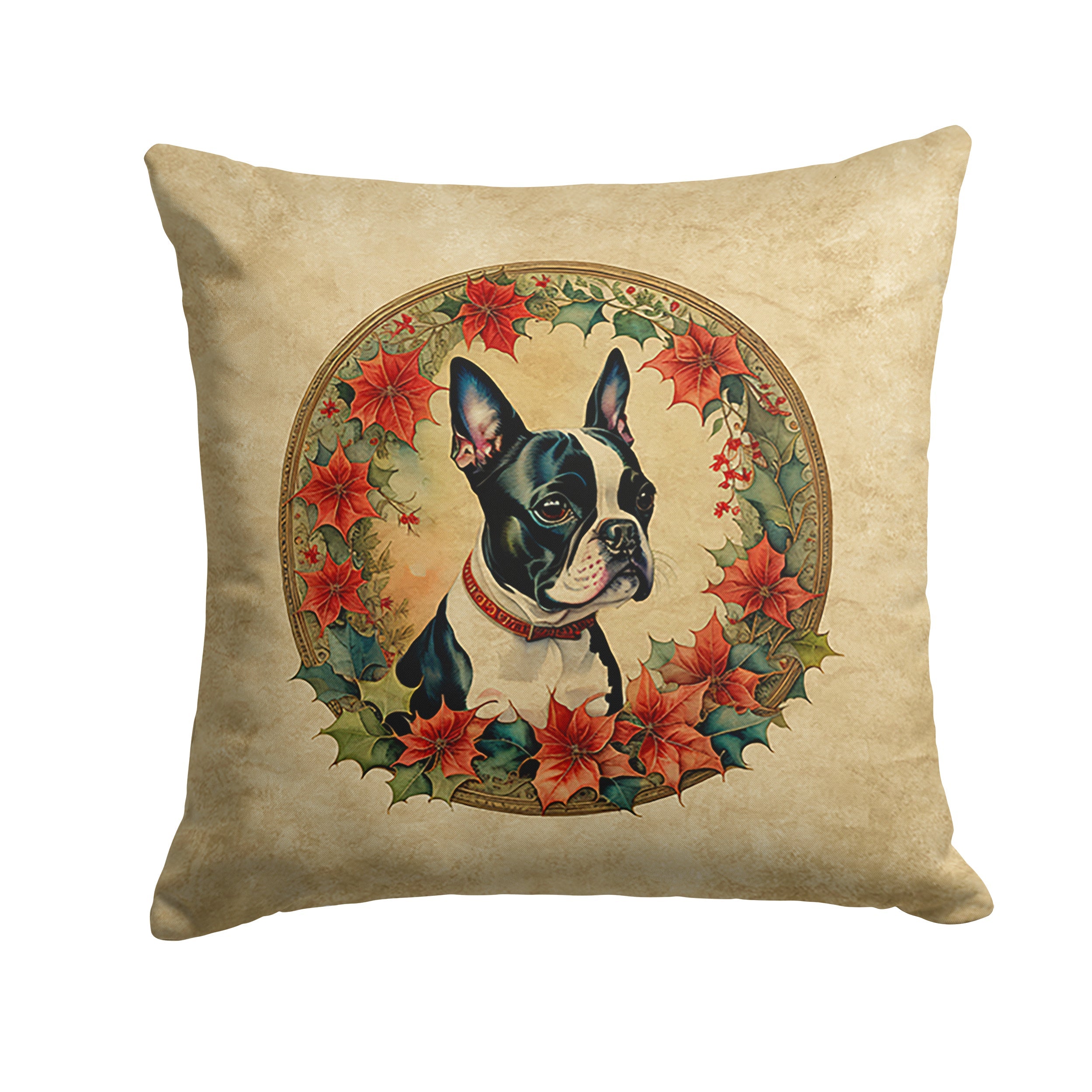 Boston Terrier Christmas Flowers Decorative Throw Pillow 18x18 Indoor Outdoor Accent Cushion, Fabric Cover with Insert for Sofa, Bed, Porch & Living Room