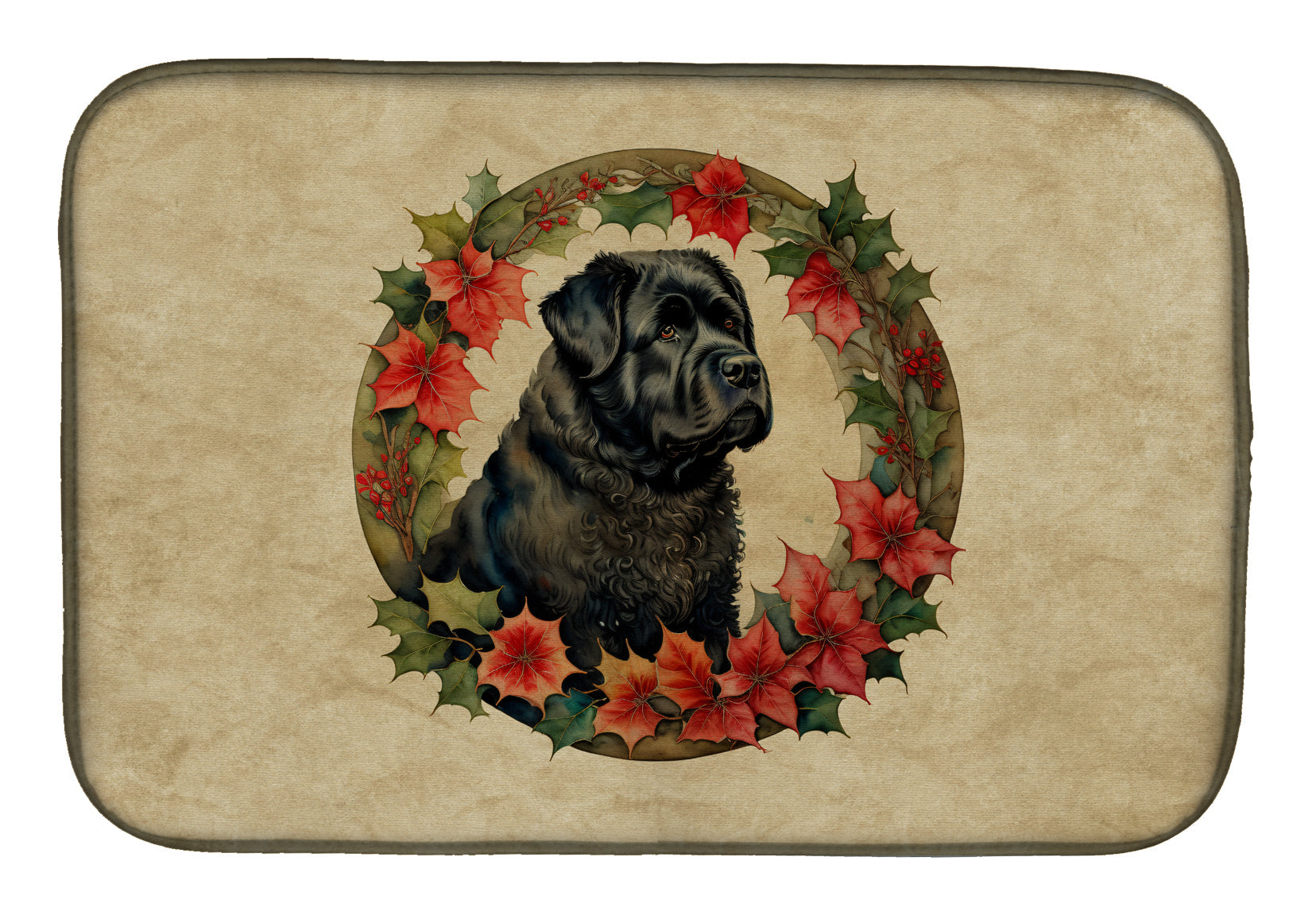 Bouvier des Flandres Christmas Flowers Dish Drying Mat Absorbent Dish Drying Mat Pad for Kitchen Counter Dish Drainer Mat for Countertop, 14 x 21", Multicolor