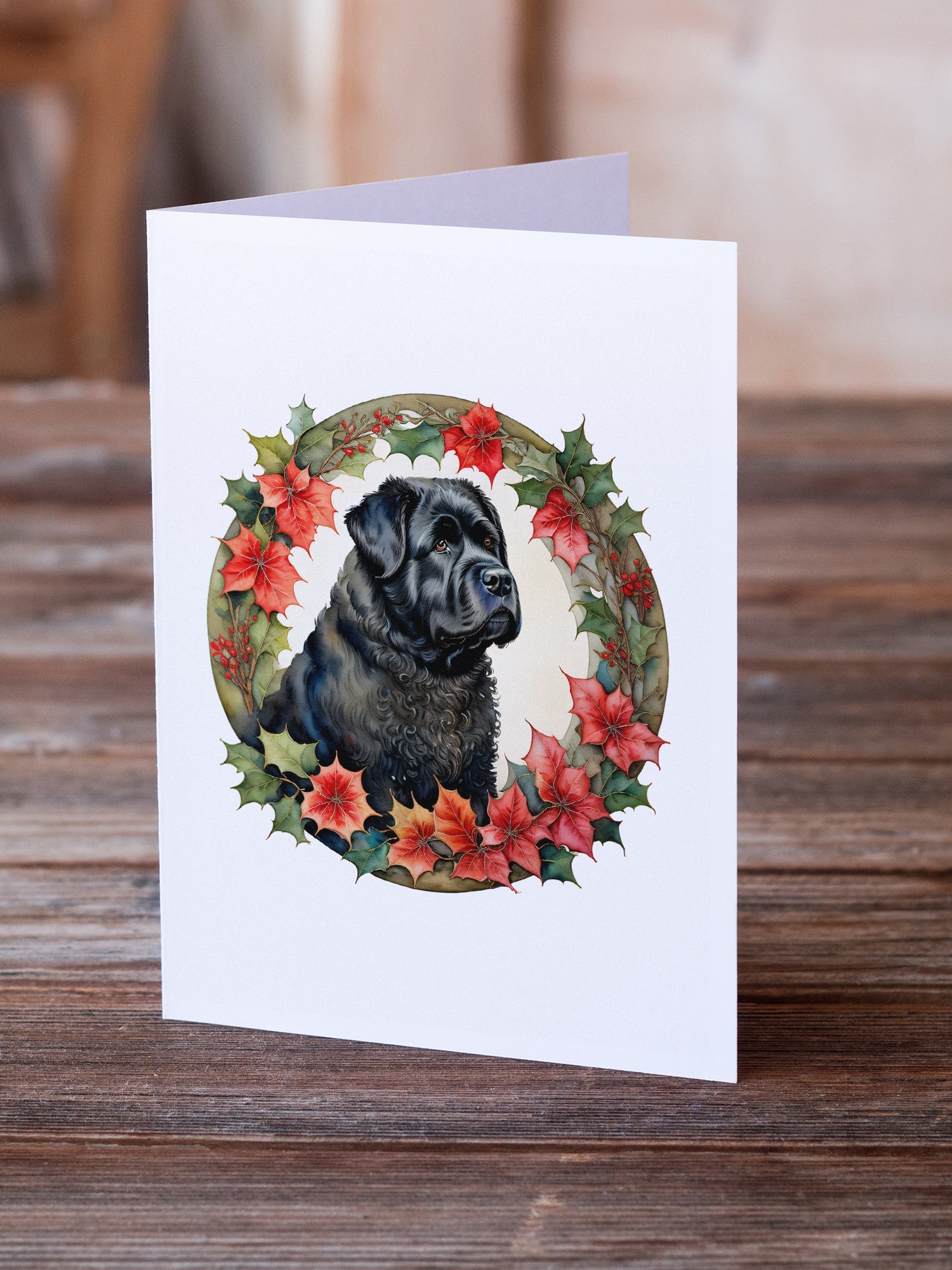 Bouvier des Flandres Christmas Flowers Greeting Cards Pack of 8 Blank Cards with Envelopes Whimsical A7 Size 5x7