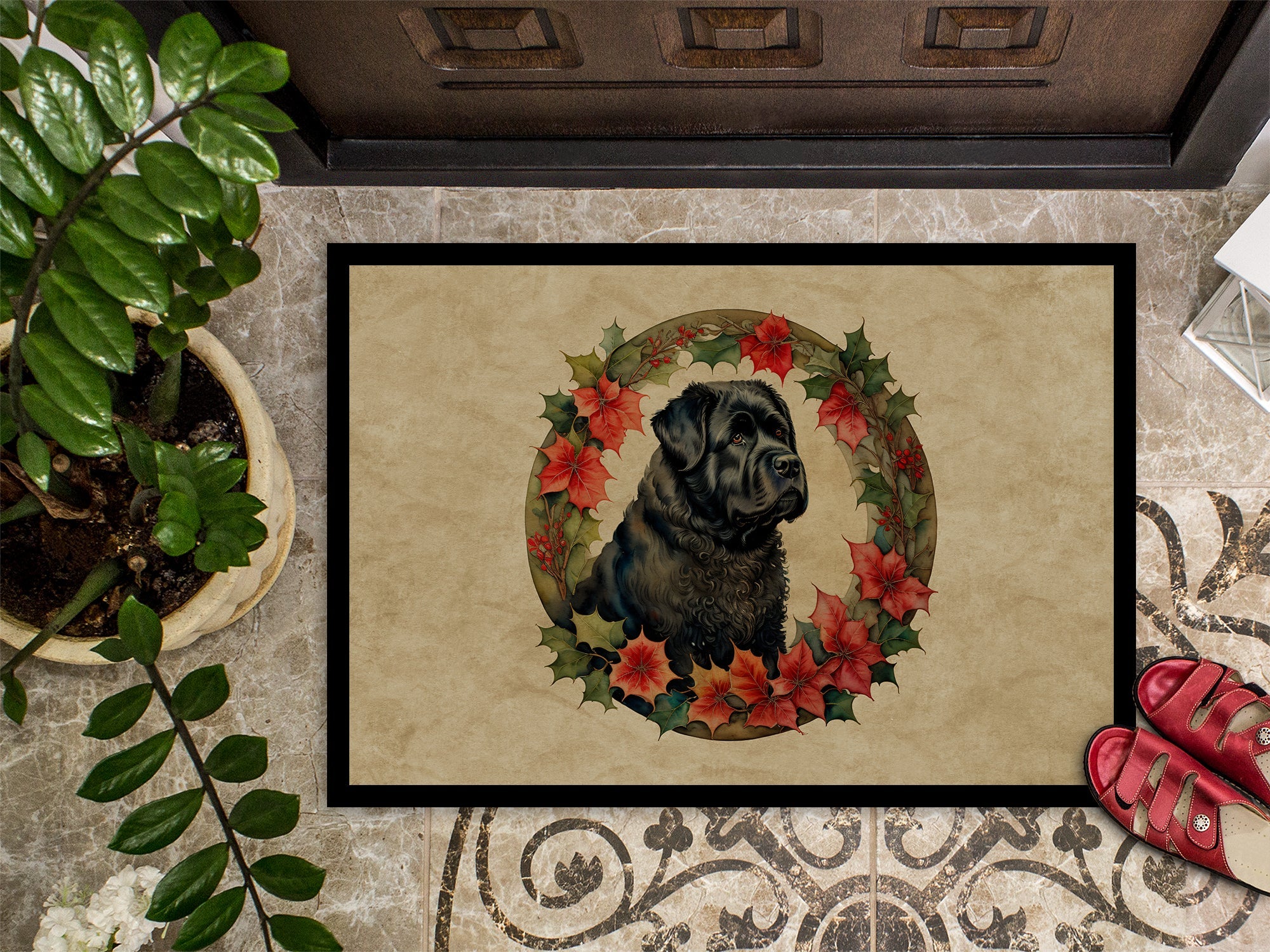 Bouvier des Flandres Christmas Flowers Doormat Indoor Outdoor 24H X 36W Front Door Mat Rugs for Entryway, Non Slip Washable Low Pile,