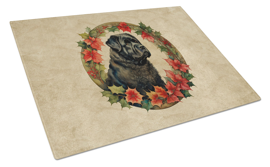 Bouvier des Flandres Christmas Flowers Cutting Board Tempered Glass Kitchen Cutting Surface, Heat Resistant Chopping, Non-Slip Feet, Food Prep & Serving