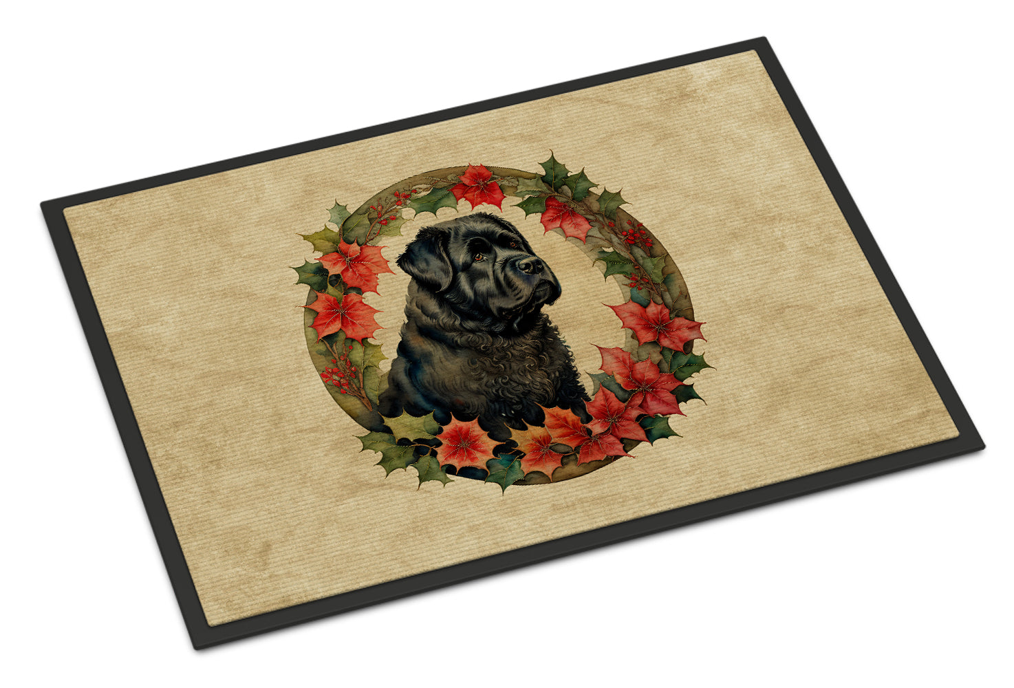 Bouvier des Flandres Christmas Flowers Doormat Indoor Outdoor 18H X 27W Front Door Mat Rugs for Entryway, Non Slip Washable