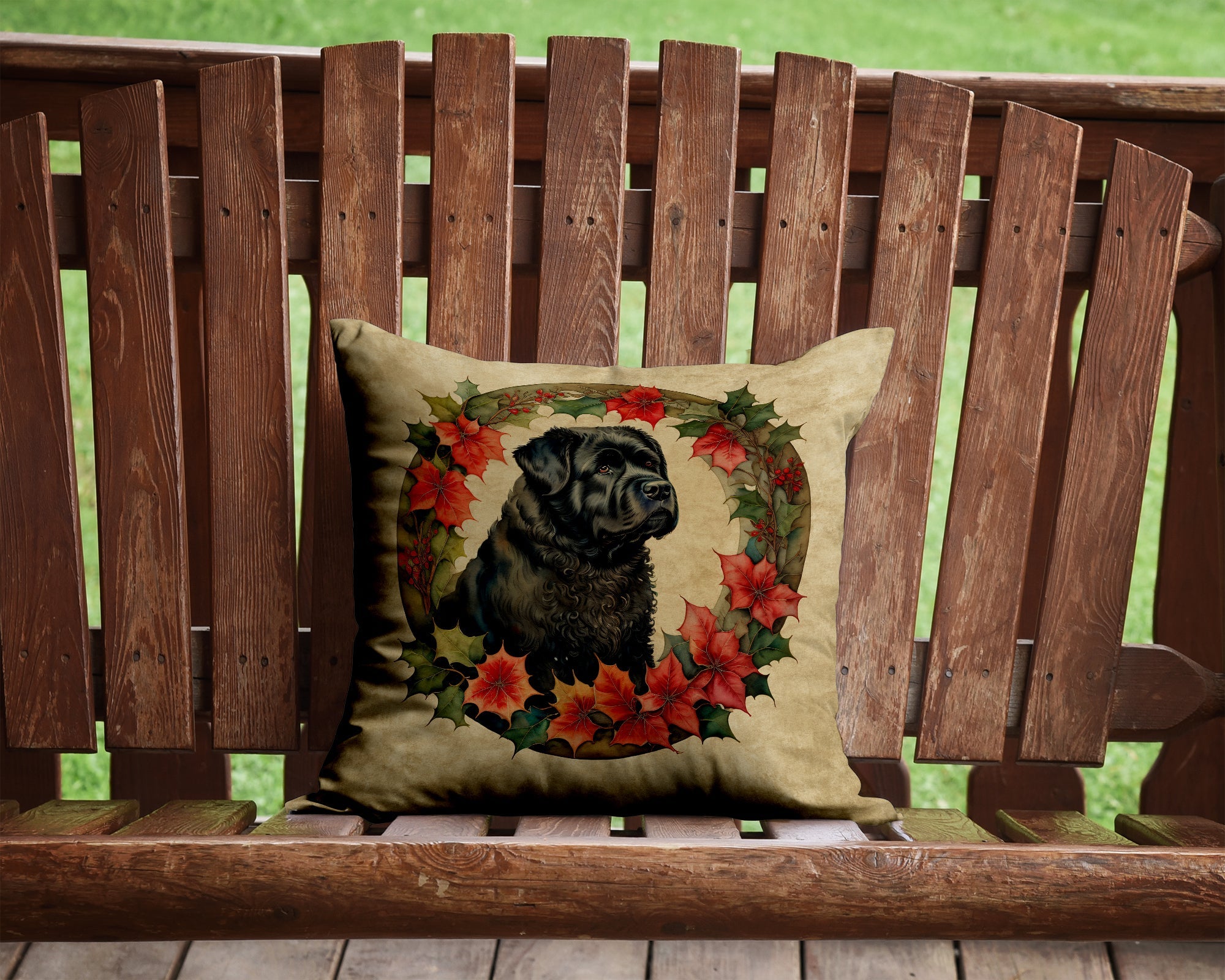 Bouvier des Flandres Christmas Flowers Decorative Throw Pillow 14x14 Indoor Outdoor Accent Cushion, Fabric Cover with Insert for Sofa, Bed, Porch & Living Room