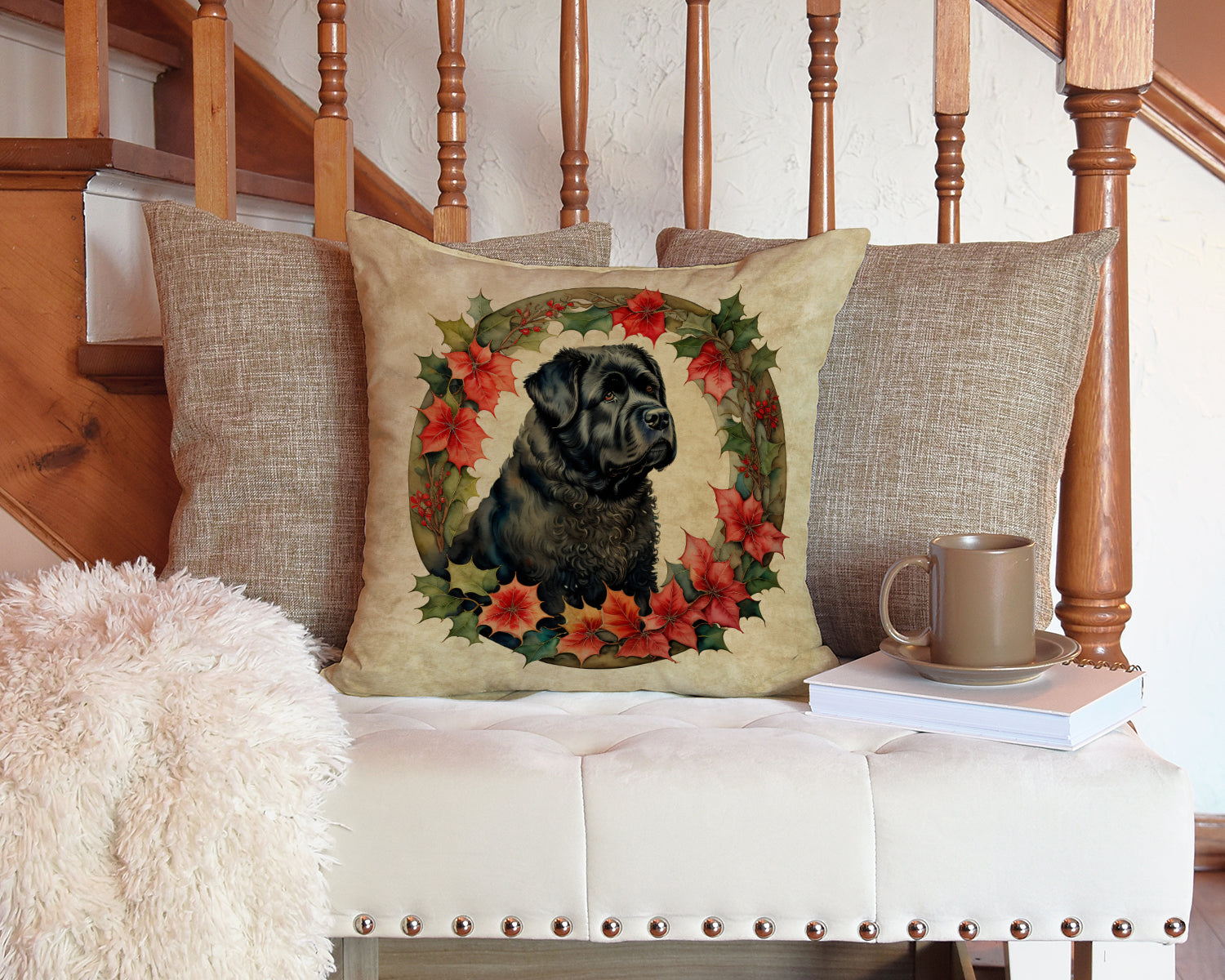 Bouvier des Flandres Christmas Flowers Decorative Throw Pillow 14x14 Indoor Outdoor Accent Cushion, Fabric Cover with Insert for Sofa, Bed, Porch & Living Room