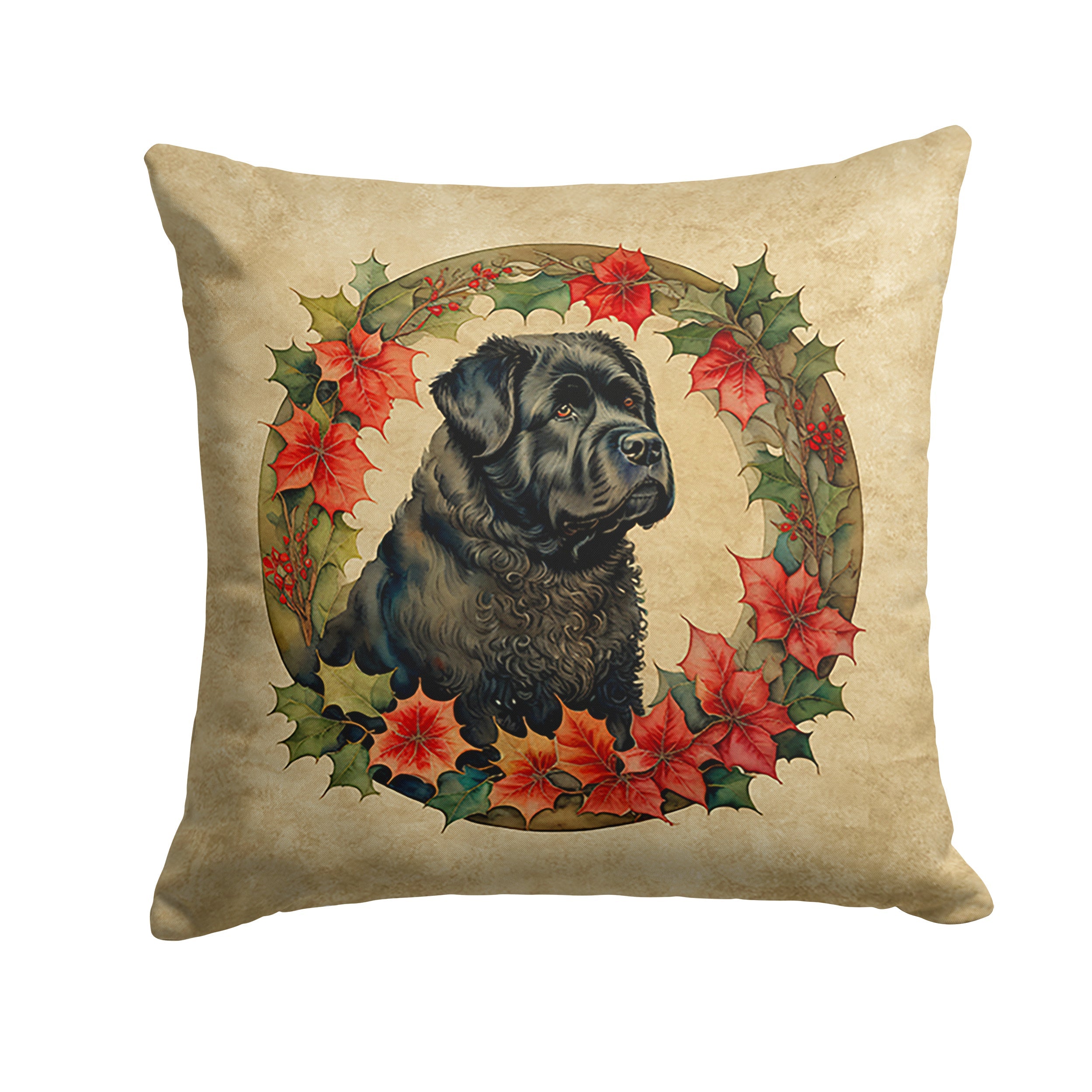 Bouvier des Flandres Christmas Flowers Decorative Throw Pillow 18x18 Indoor Outdoor Accent Cushion, Fabric Cover with Insert for Sofa, Bed, Porch & Living Room