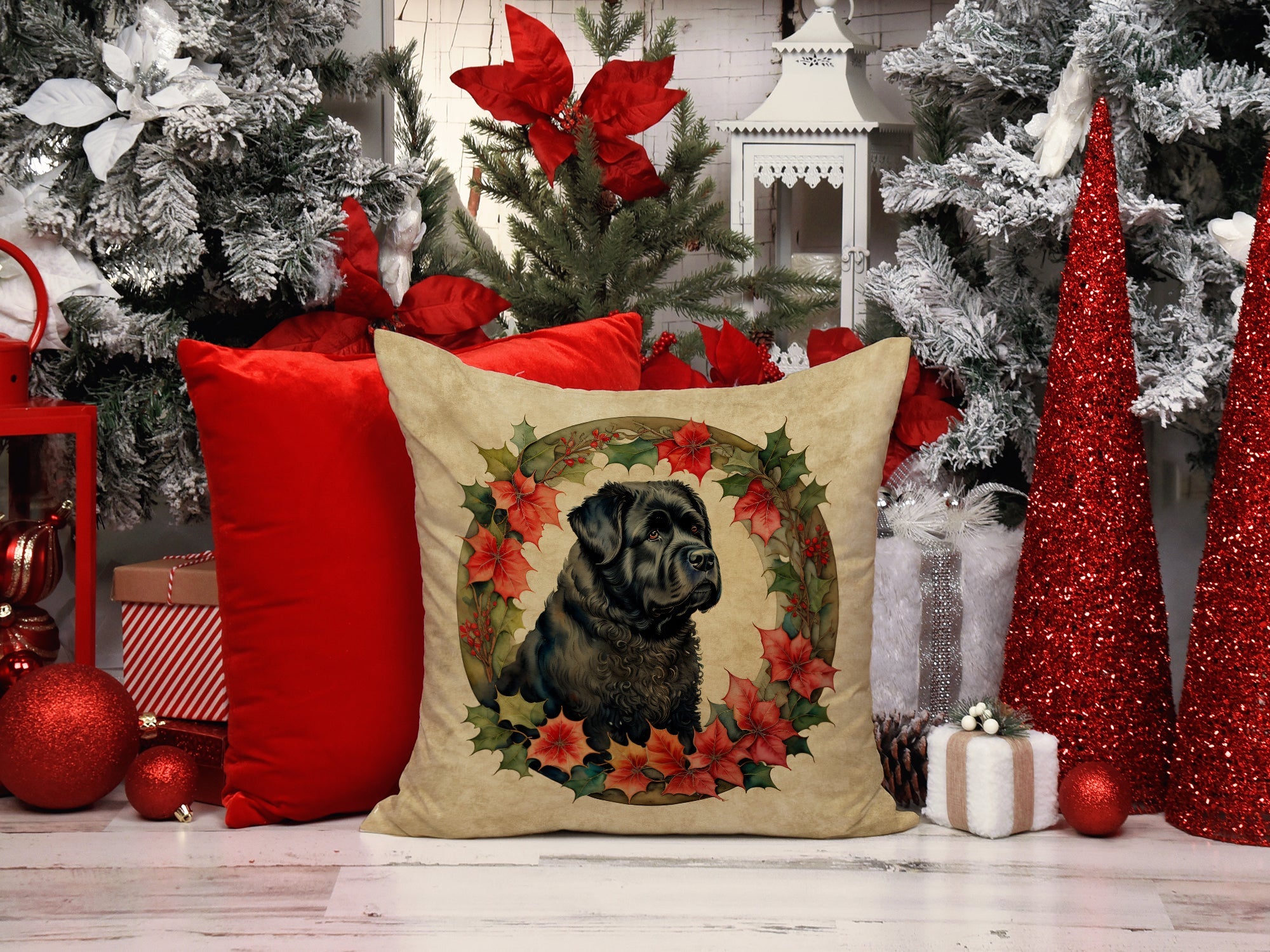 Bouvier des Flandres Christmas Flowers Decorative Throw Pillow 18x18 Indoor Outdoor Accent Cushion, Fabric Cover with Insert for Sofa, Bed, Porch & Living Room