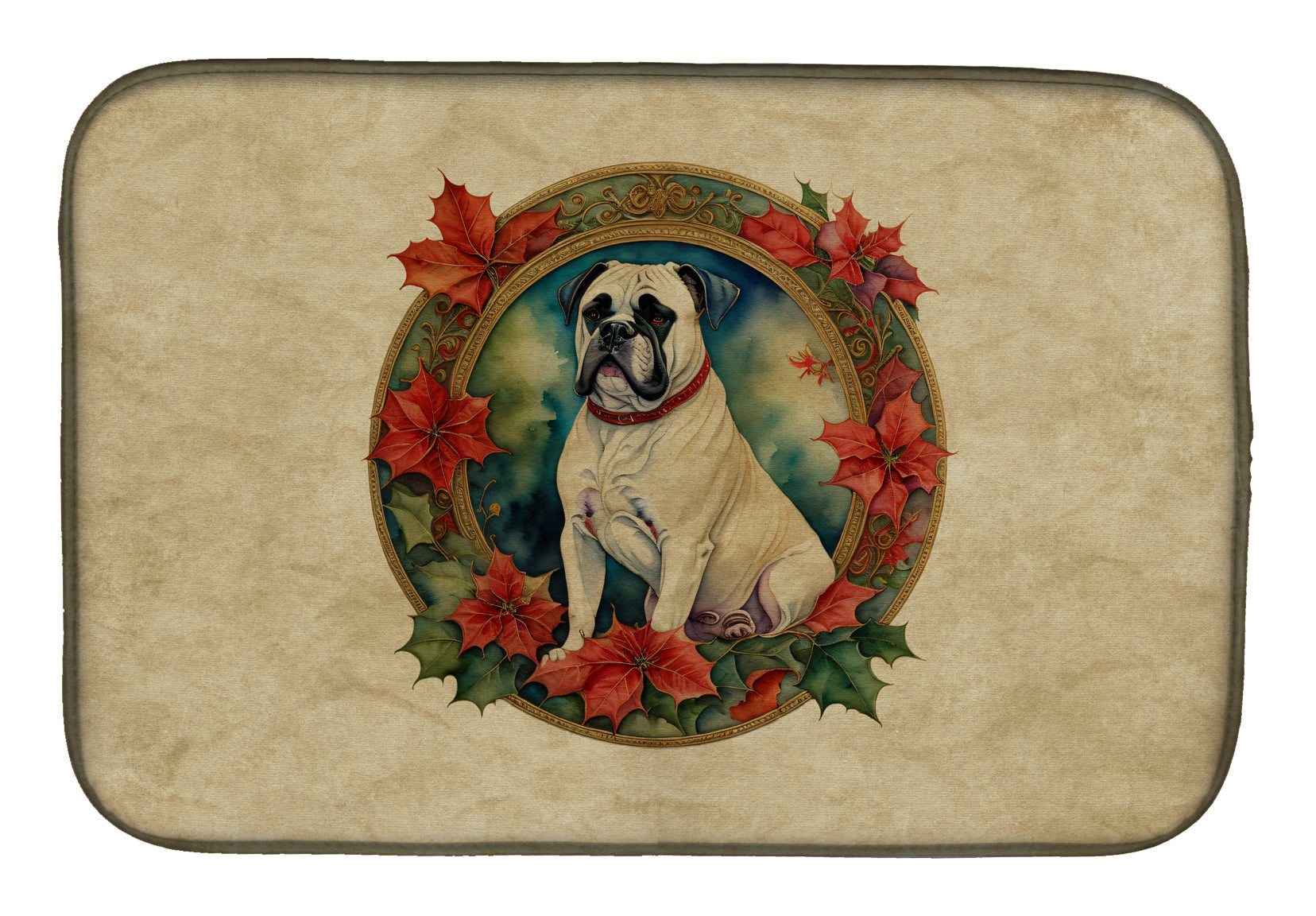 White Boxer Christmas Flowers Dish Drying Mat Absorbent Dish Drying Mat Pad for Kitchen Counter Dish Drainer Mat for Countertop, 14 x 21", Multicolor